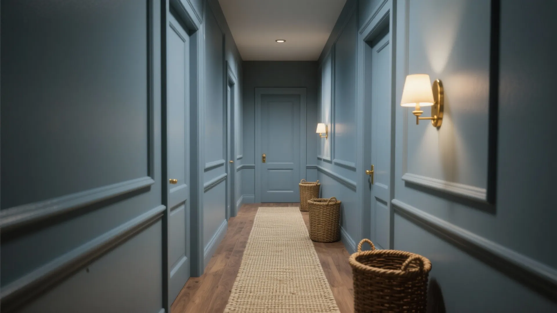 Blue hallway with wooden floor, wall light fixtures, storage baskets, and a long rug runner