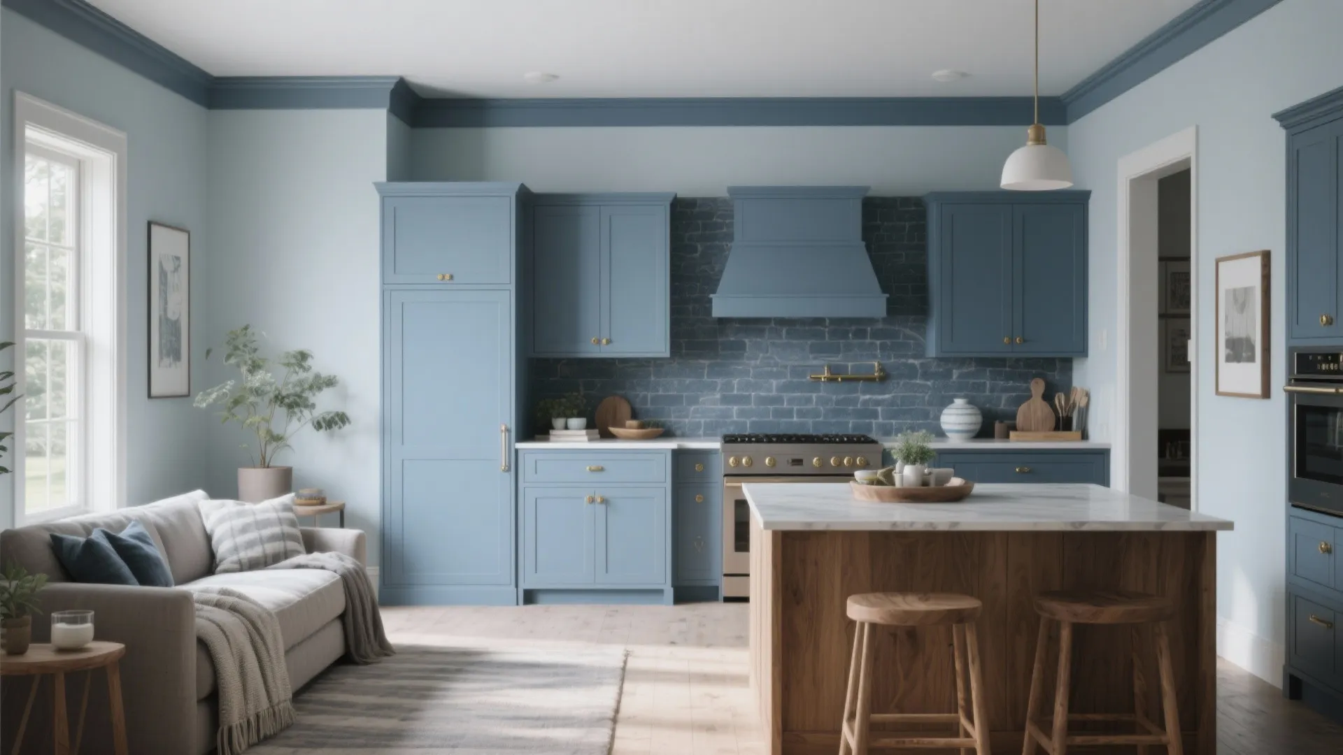 Modern blue kitchen with wood island stools sofa large window and light blue wall paint