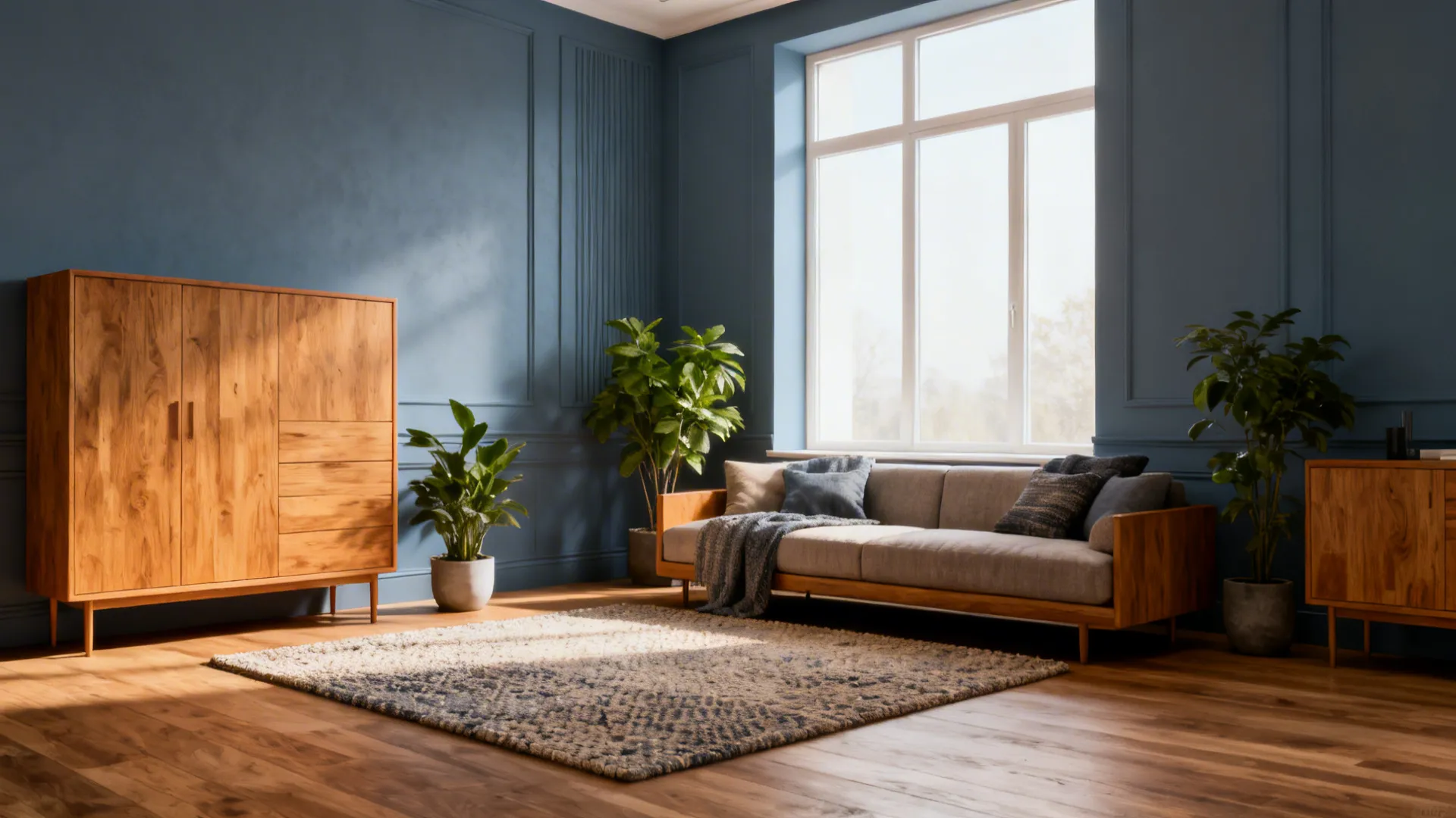 Modern living room with blue wall panel wooden cabinet grey sofa rug plants and sunlight