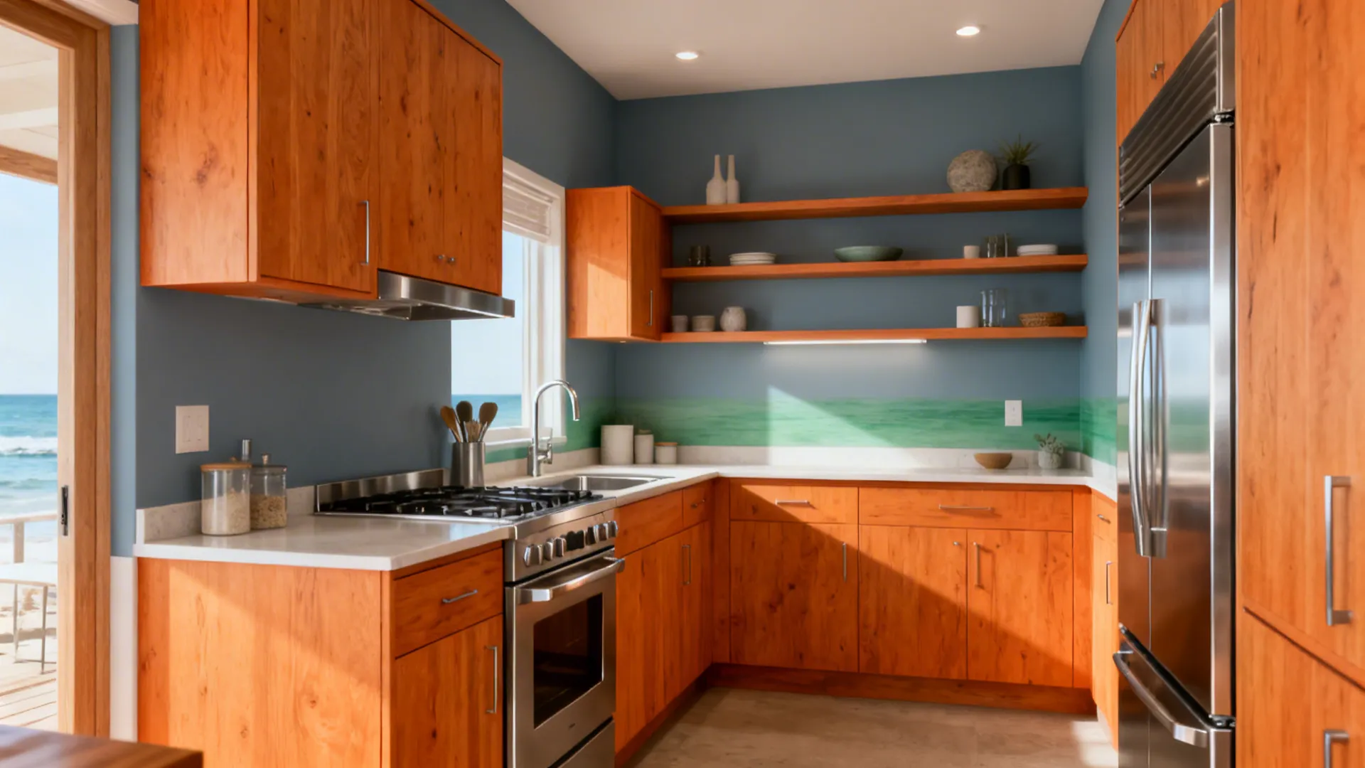 Modern kitchen with blue walls honey oak cabinets stainless steel stove and ocean view door