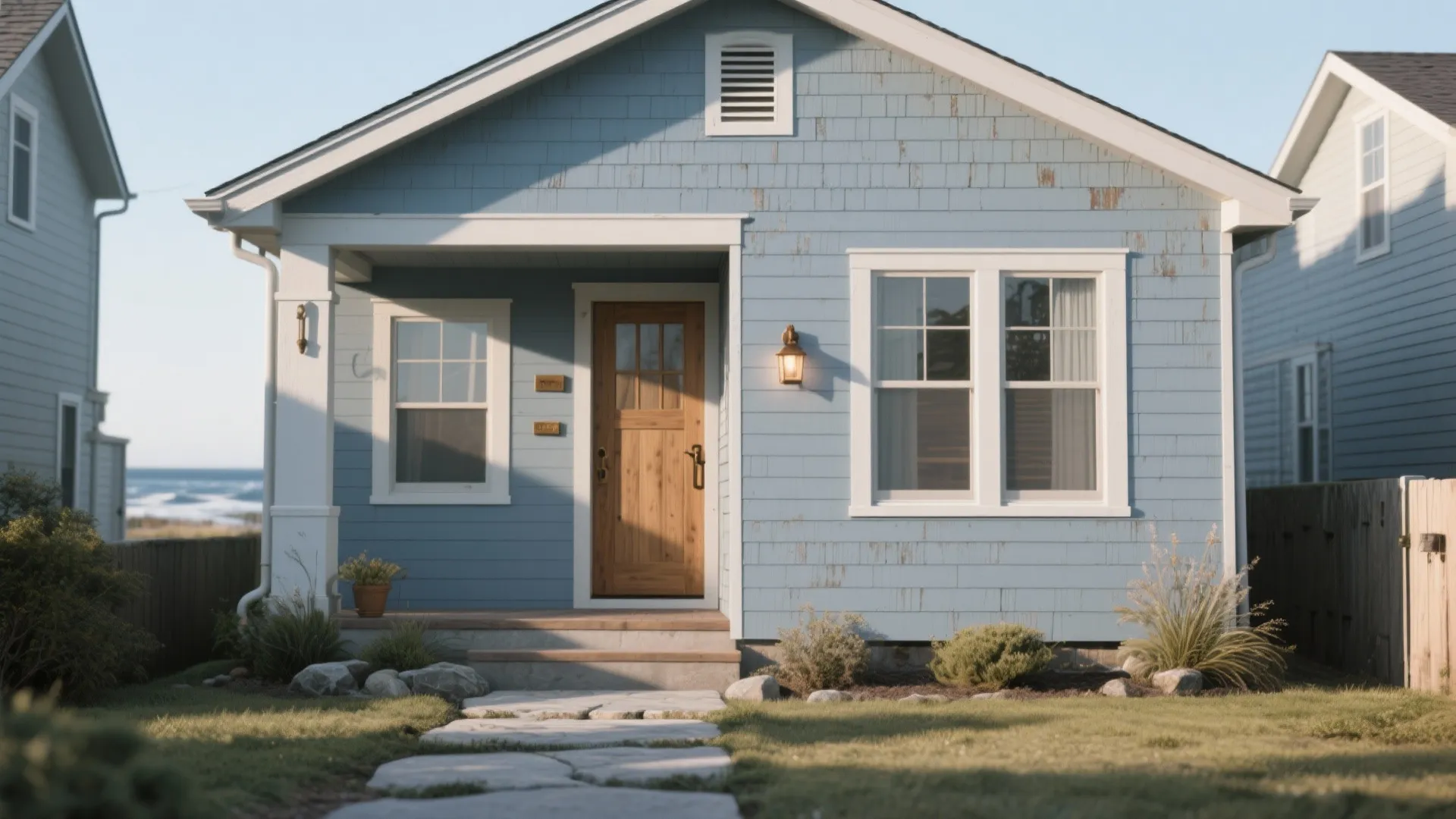 Small blue wooden house with white window frames a wood front door and stone path