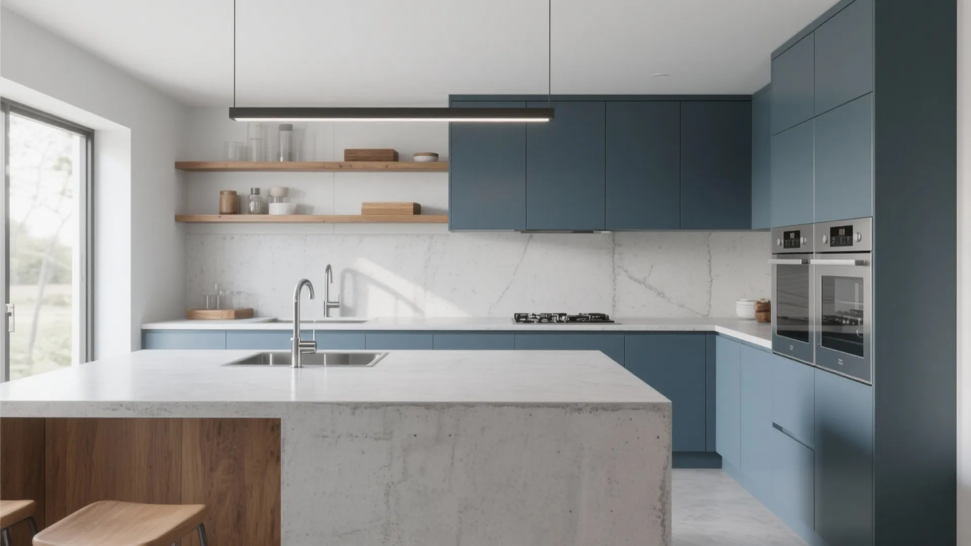 Blue and white kitchen design with marble island wooden shelves built in ovens and black light