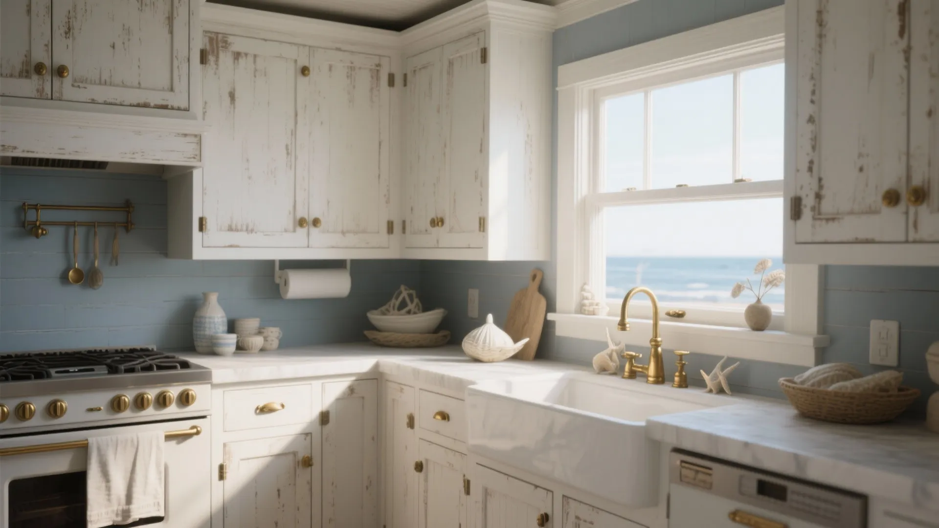 Coastal kitchen with antique white cabinets and muted slate blue-gray walls with brass hardware