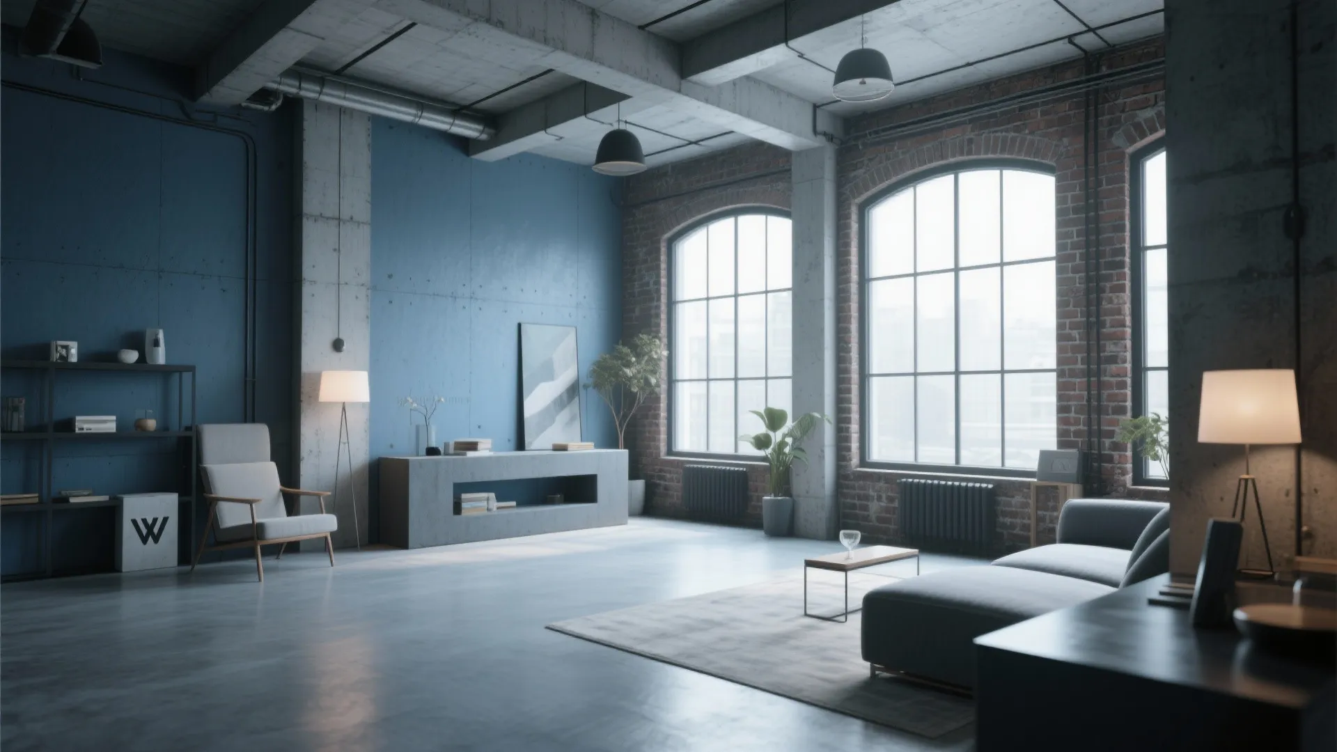 Modern loft with blue-gray walls and industrial features