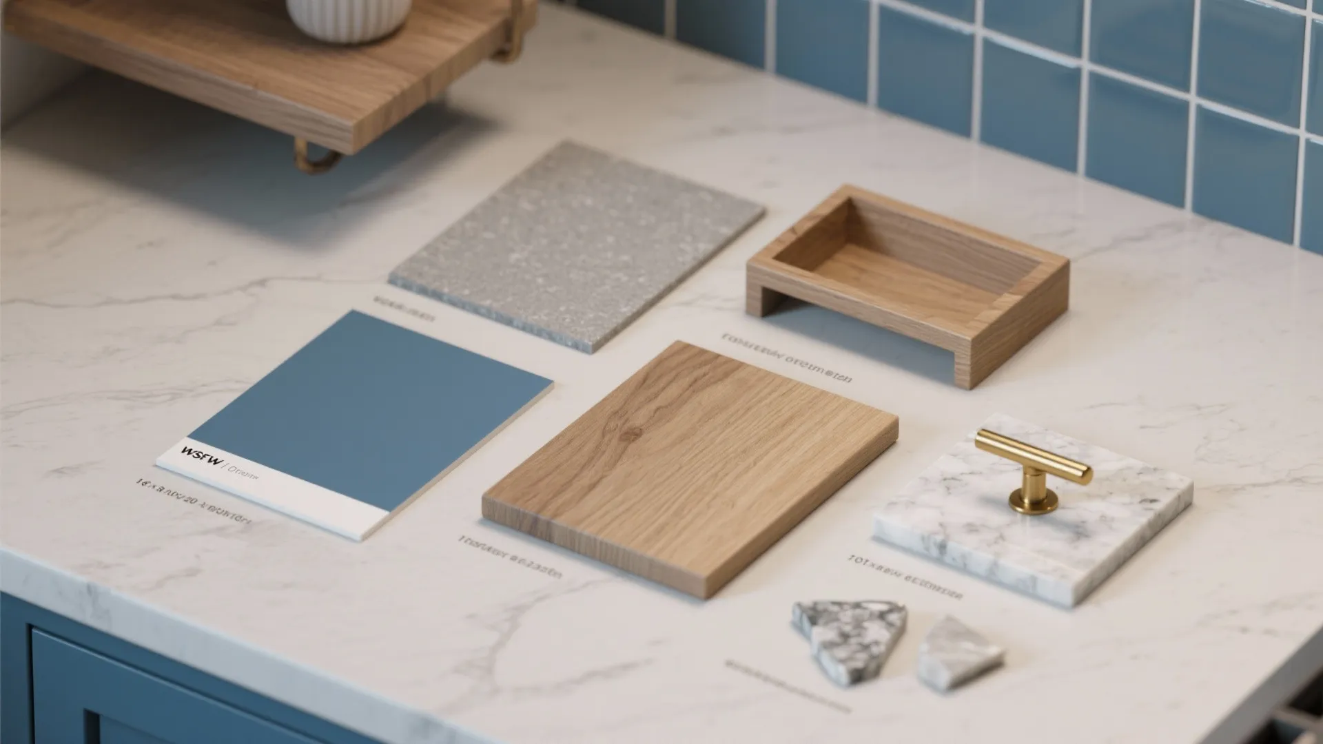 Interior design material board with blue color sample wood board marble tile and gold drawer handle