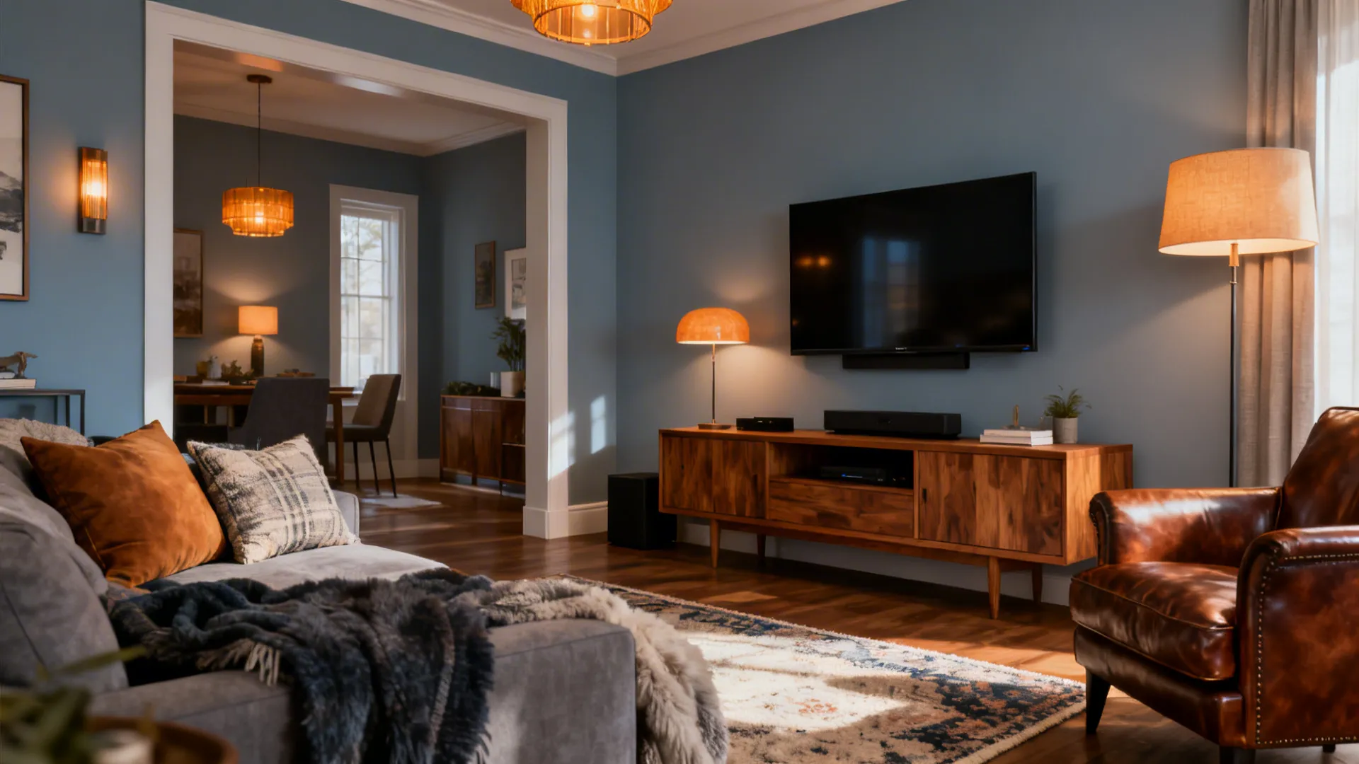 Blue living room featuring television above wooden cabinet with leather armchair and comfortable grey sofa