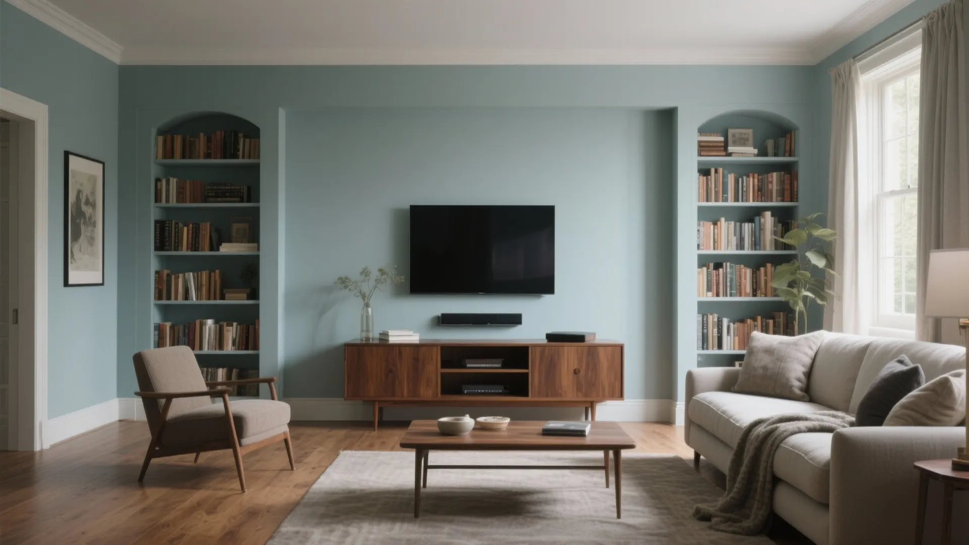 Soft blue-gray or sage for calm with warm woods