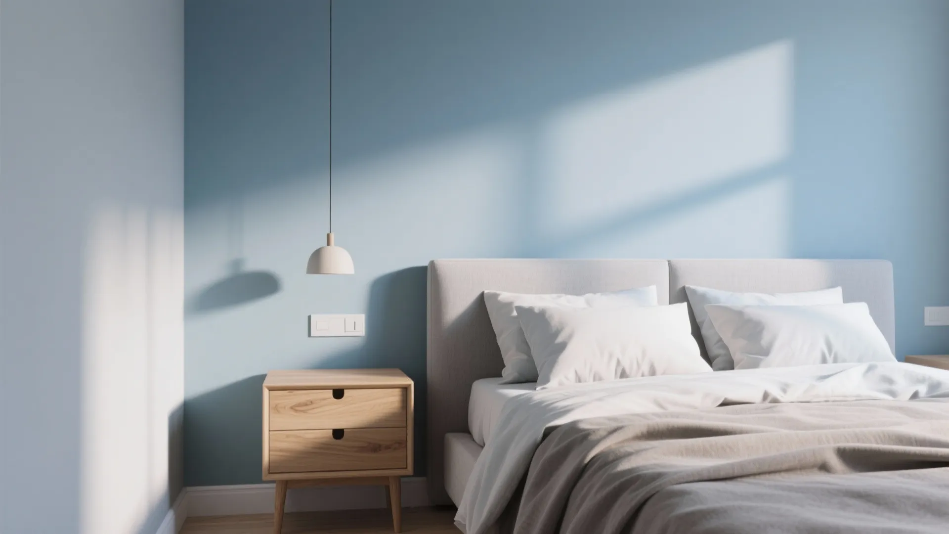 Modern bedroom with blue walls white bedding wooden nightstand small ceiling light and soft sunlight