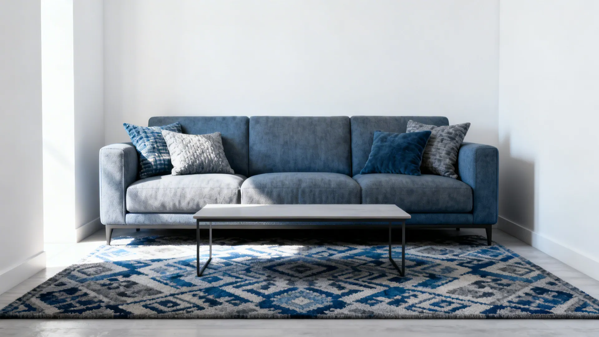 Modern blue sofa with four pillows on a large patterned rug with a coffee table
