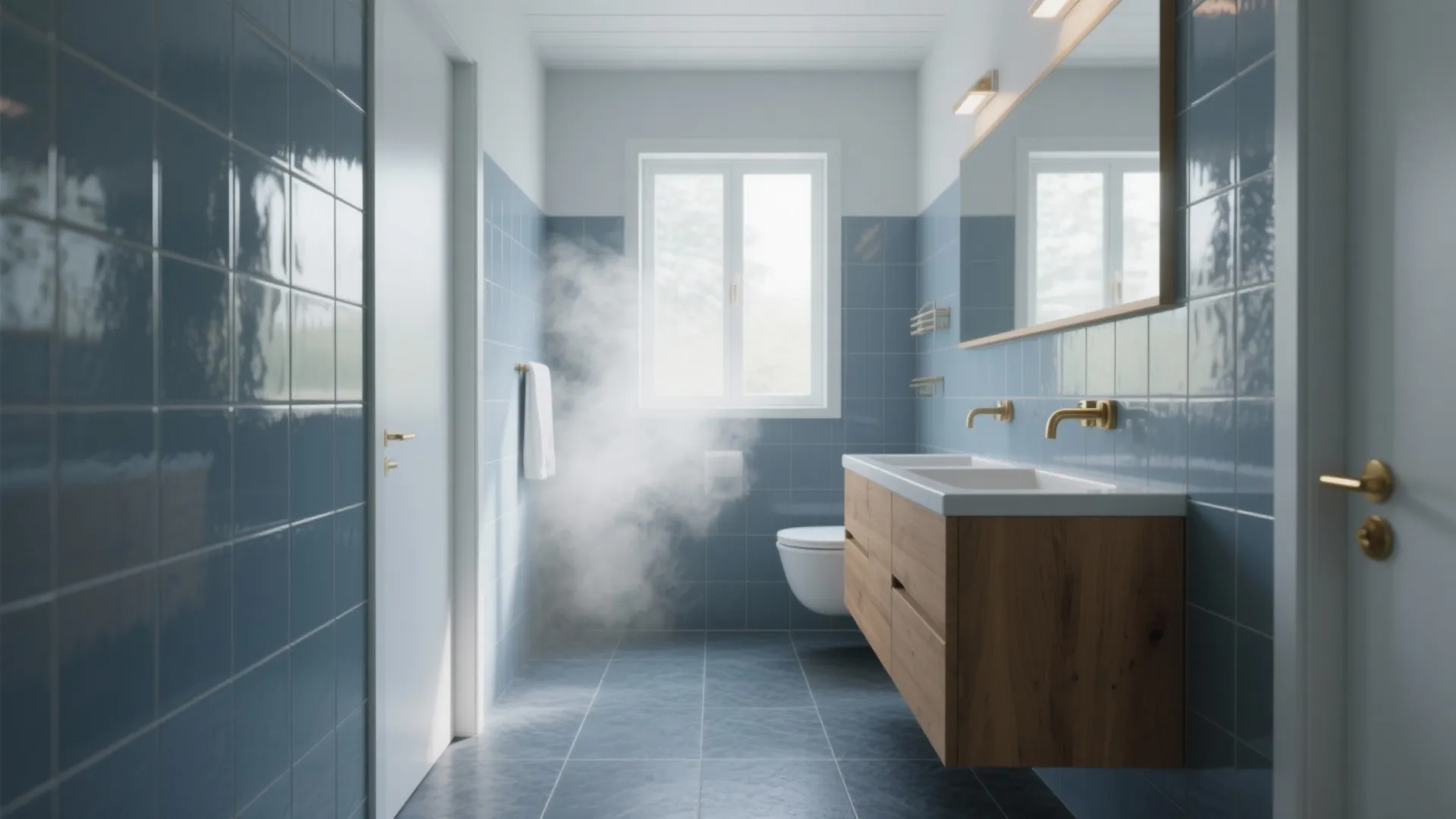 Modern bathroom with blue tiles wooden cabinet white sink gold faucets and steam in air