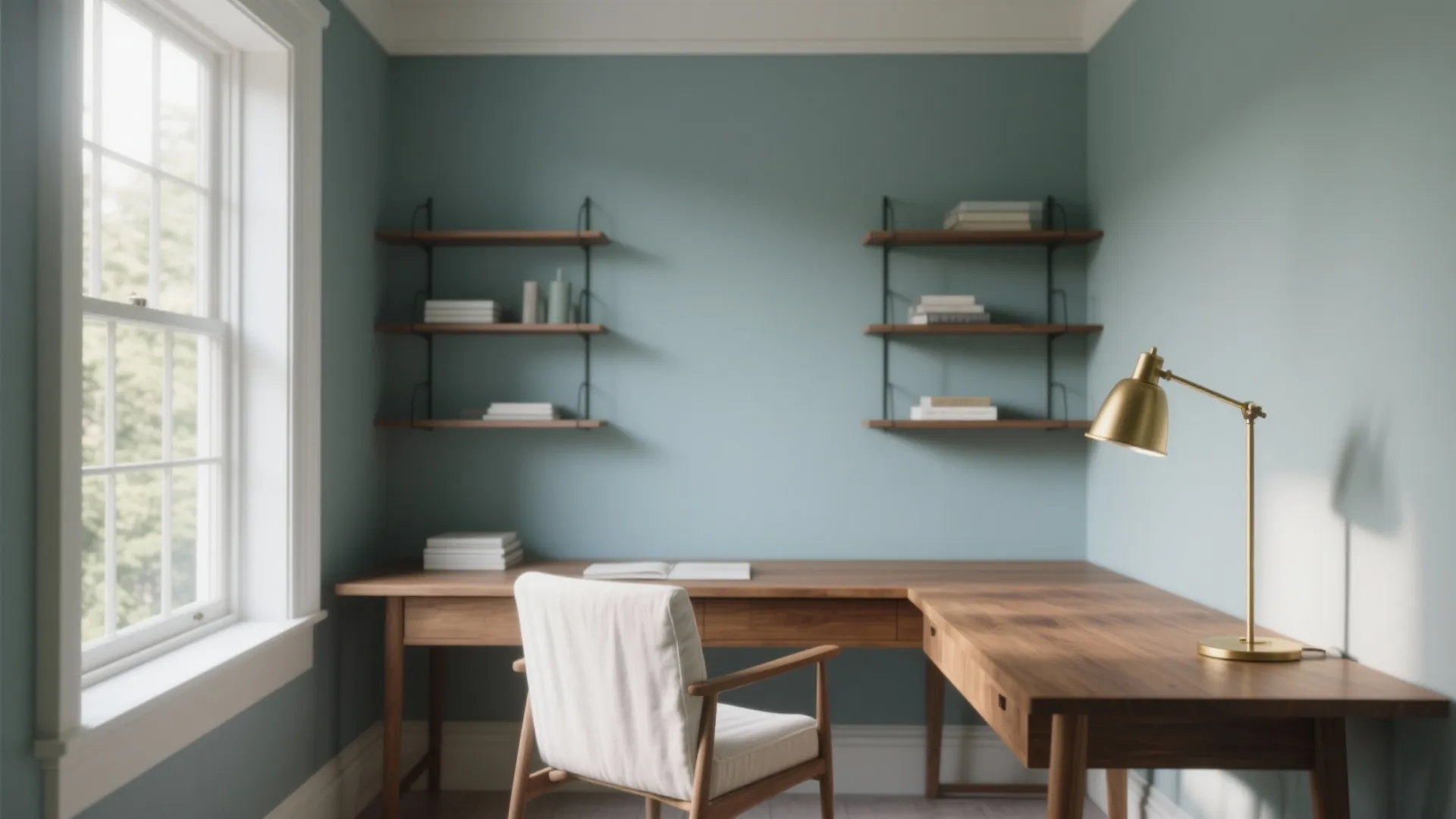 Blue study room with L-shaped wooden desk, white chair, gold light fixture, and wall shelves