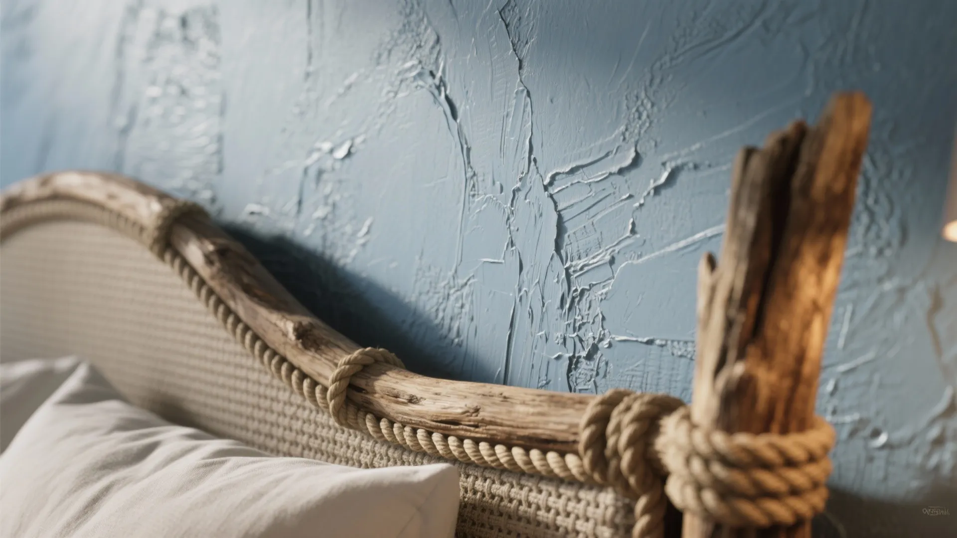 Close-up of blue-gray textured paint finish with rope and driftwood details.