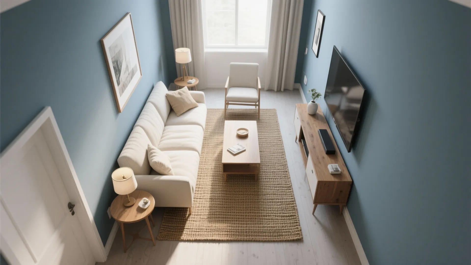 Top down view of narrow living room with blue walls white sofa and wooden TV cabinet