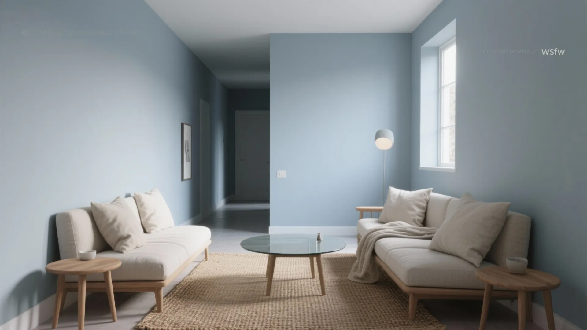 Modern living room with light blue walls two beige sofas round glass table and floor lamp