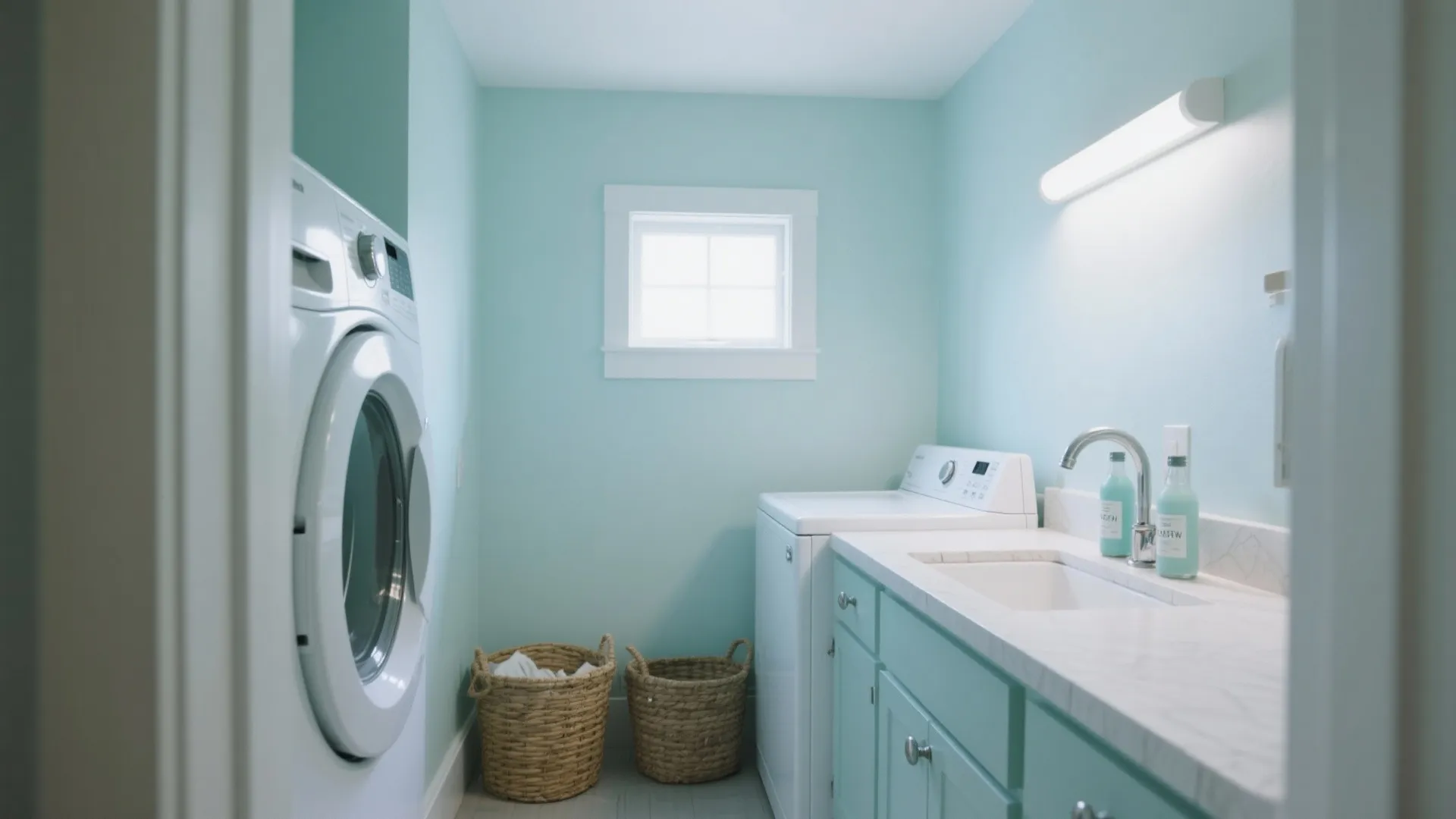 Light blue laundry room with white washing machine green cabinets white sink and two baskets