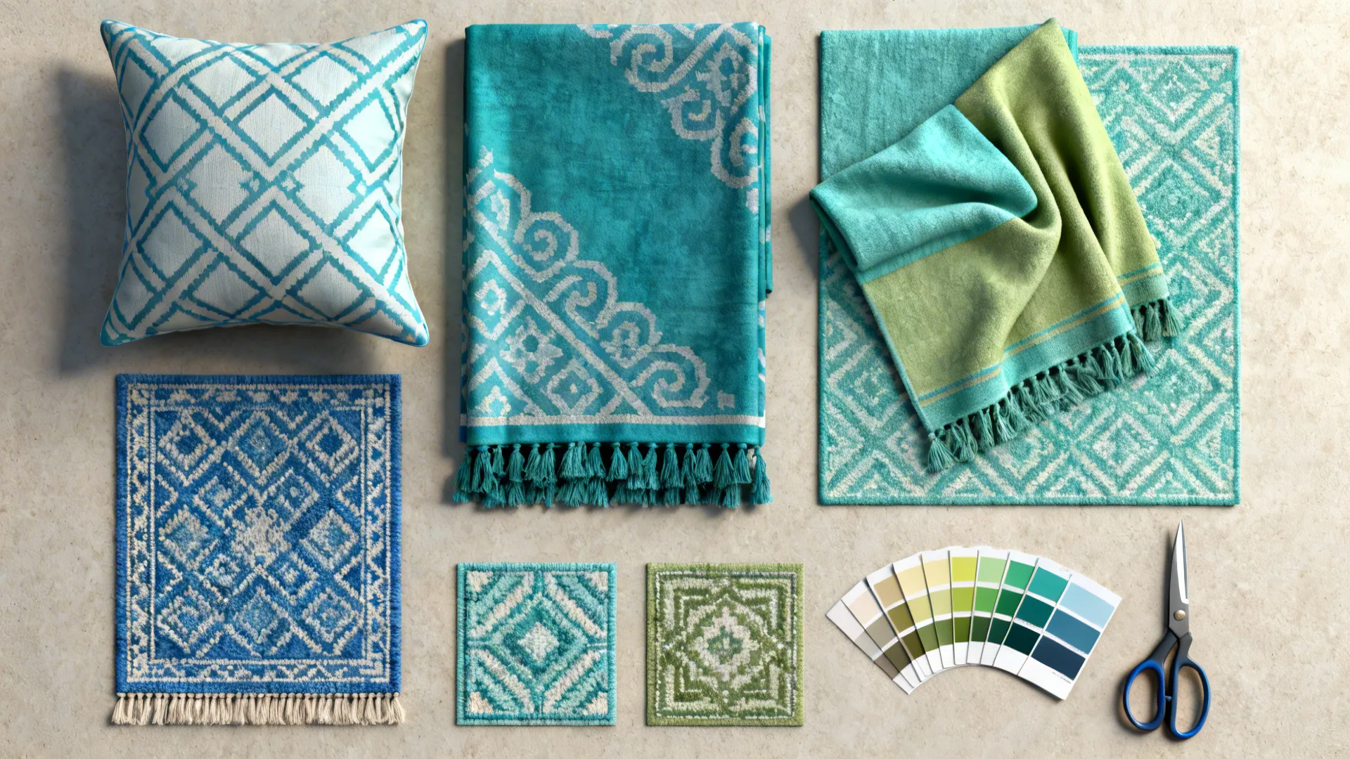 Flatlay of blue-green patterned pillows, throws and rug swatches with paint chips.