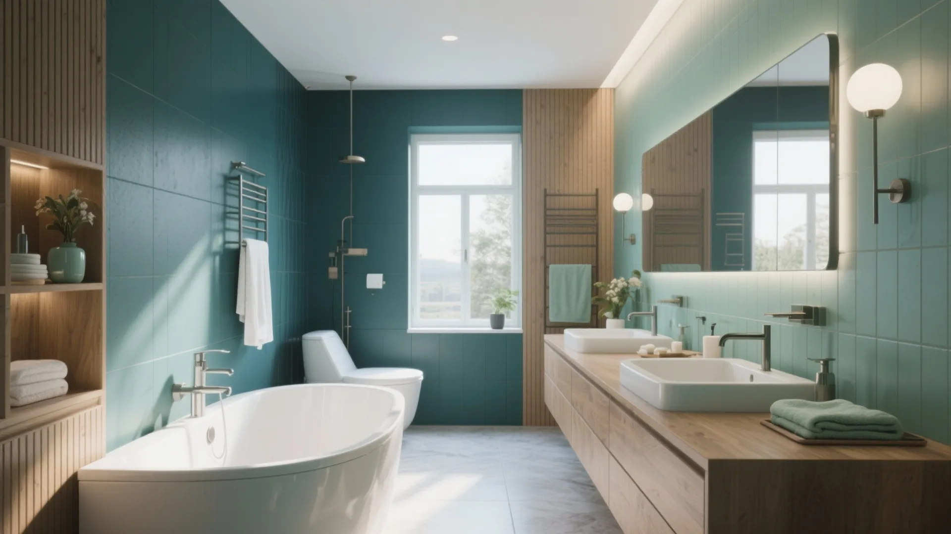 Modern bathroom with blue green tiles wooden cabinet white bathtub two sinks and a large mirror