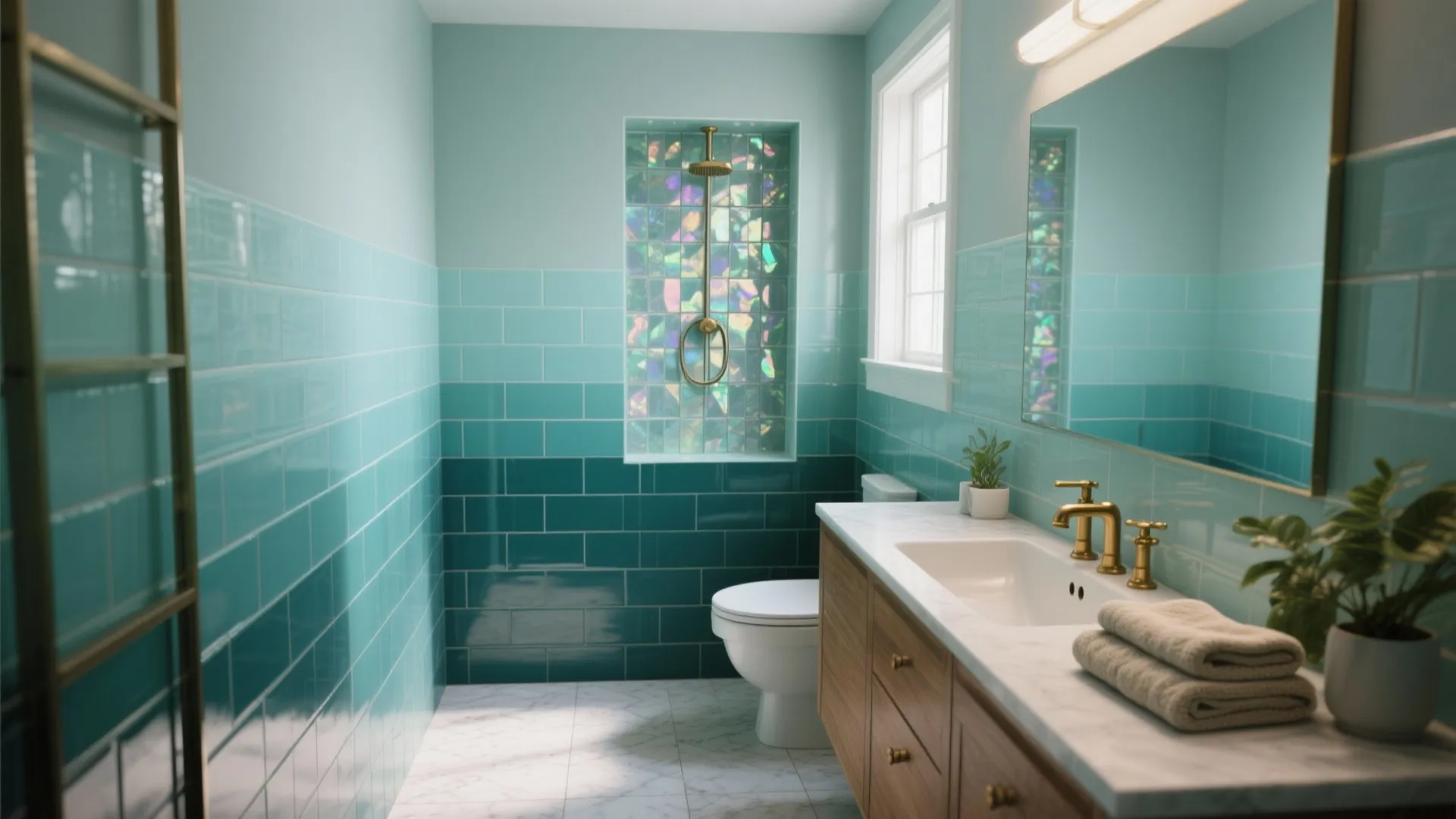 Modern bathroom with blue wall tiles wooden cabinet white toilet and glass shower with natural light