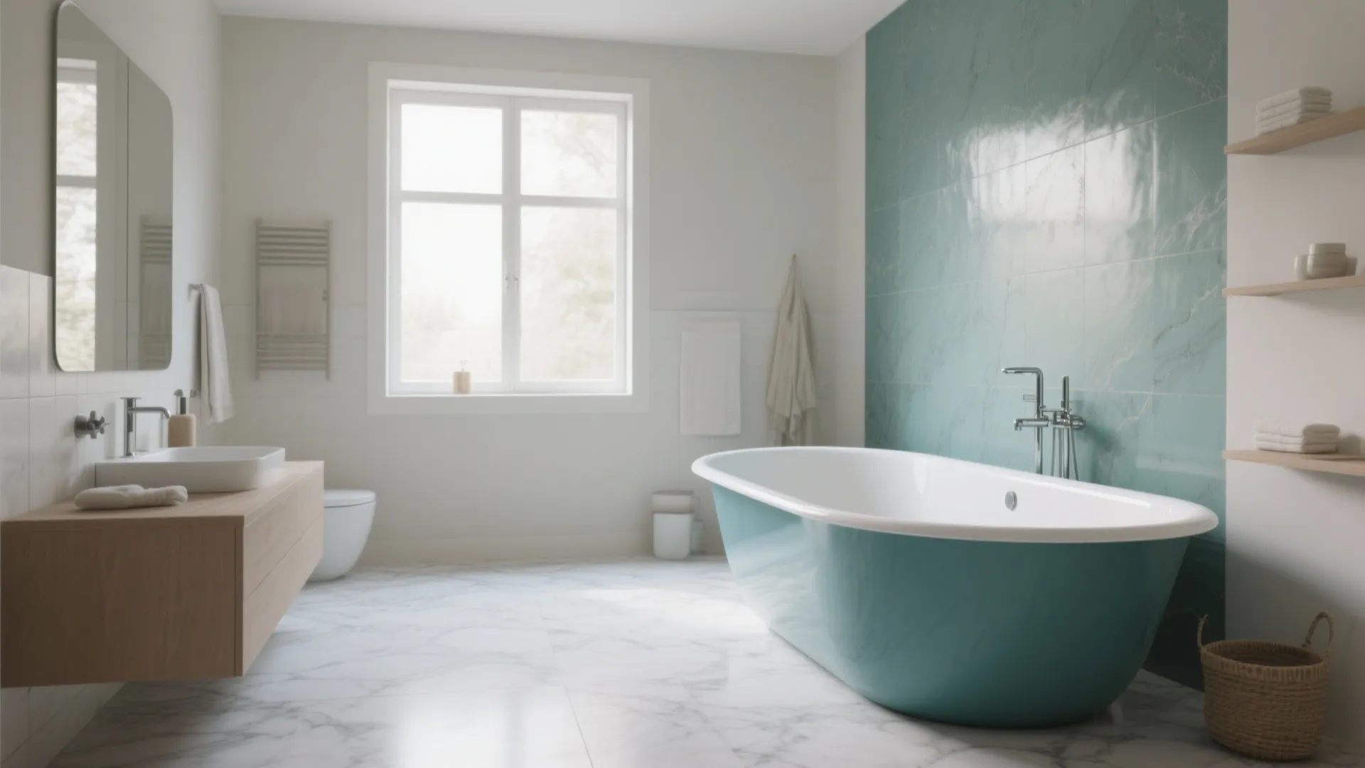 Spacious bathroom featuring a blue bathtub marble floor white walls and wooden shelves under natural light