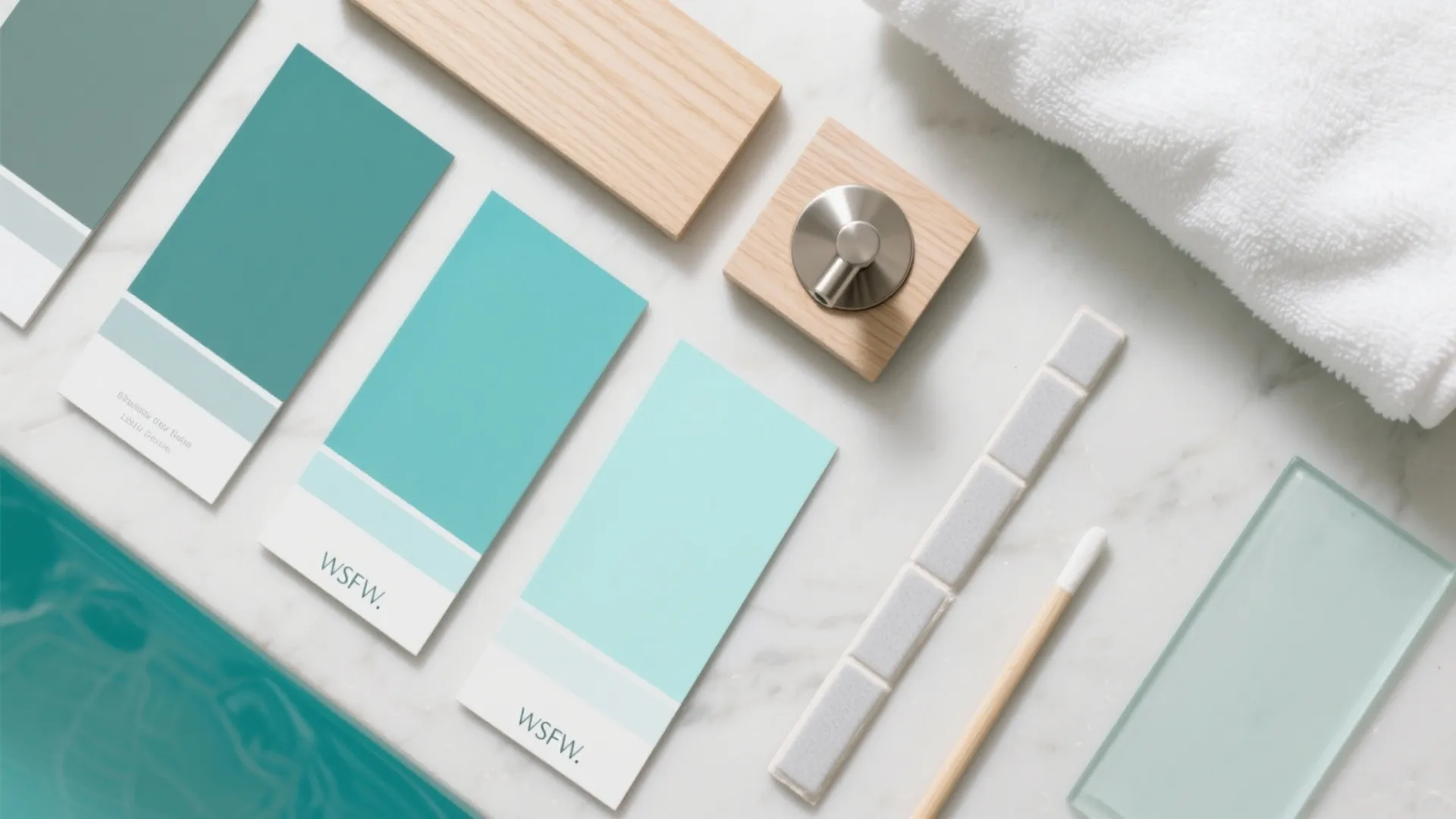 Top-down palette of eucalyptus, foggy teal, pale aqua with oak, nickel, and frosted glass.
