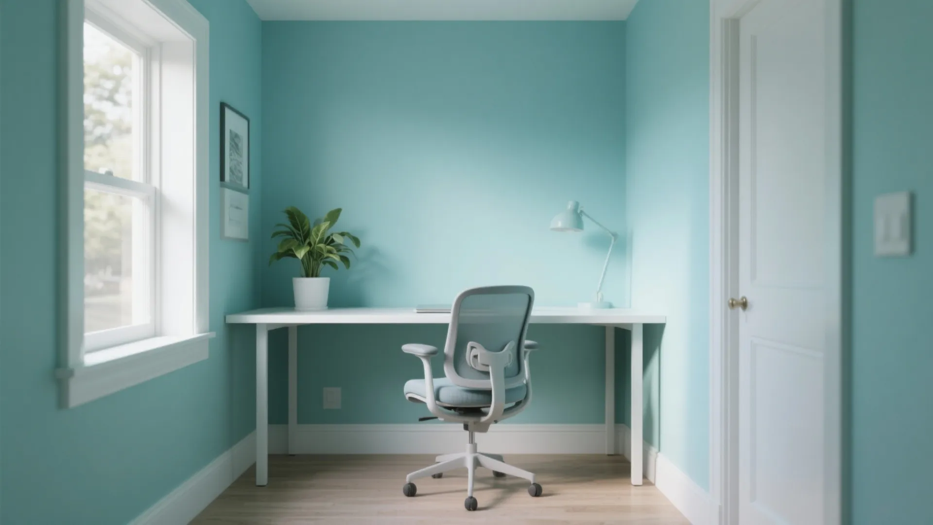 Small home office with turquoise walls featuring white desk and light blue chair and plant