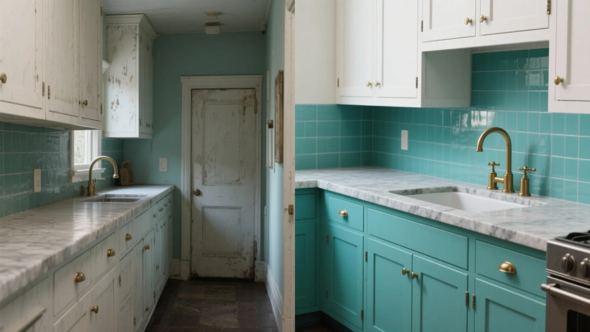 Before and after comparison showing old white kitchen cabinets versus modern teal and white kitchen cabinets