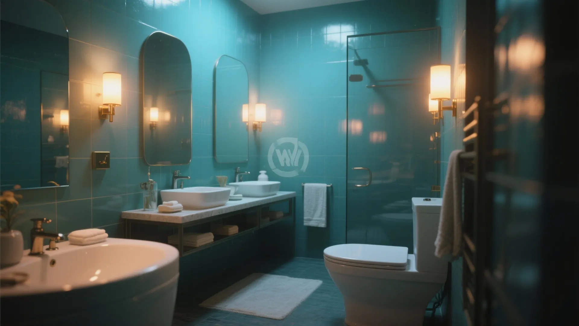 Luxury bathroom with teal tiles glass shower door double sinks warm wall lights and white toilet