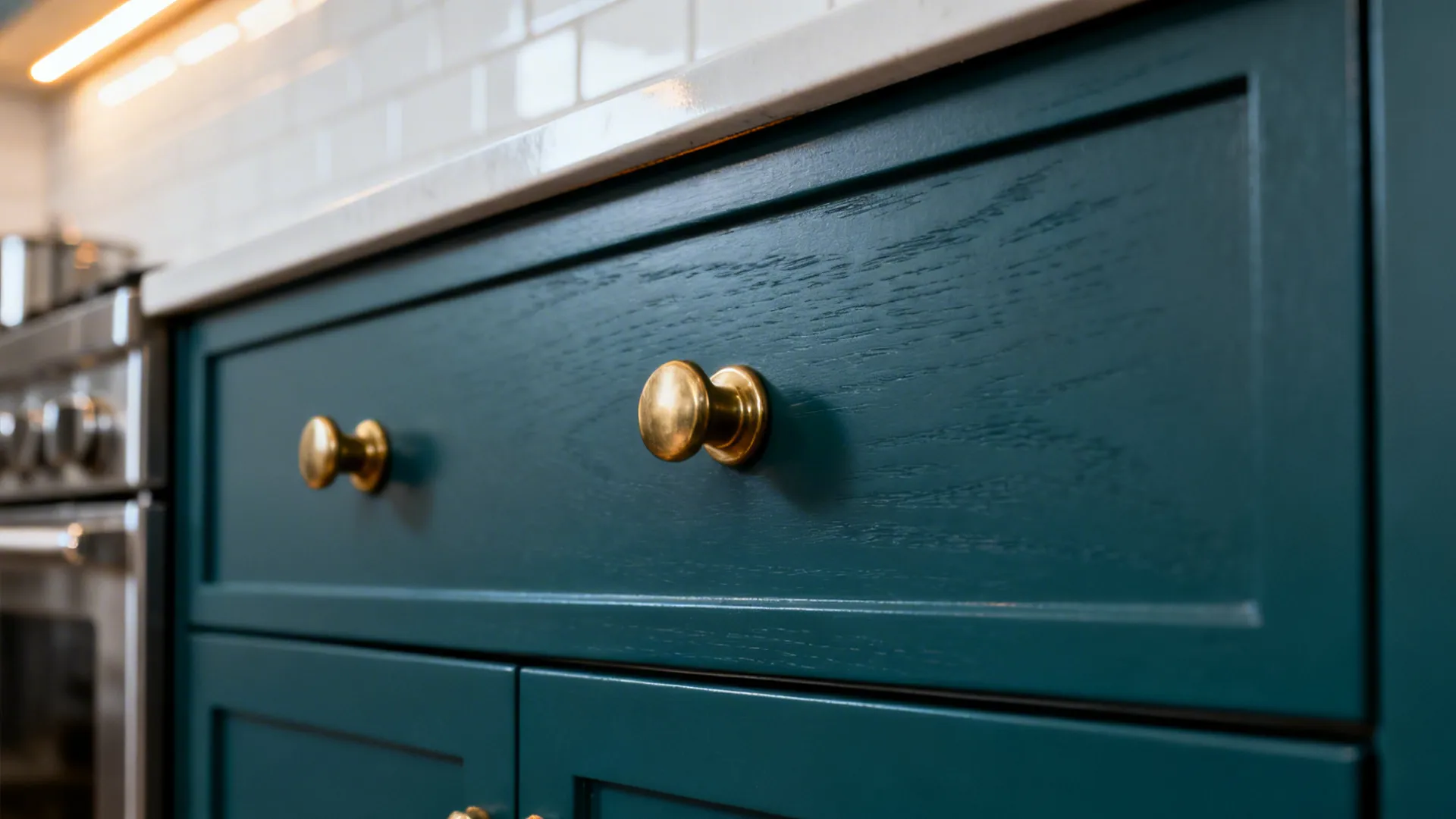 Close-up of blue-green trolley finish with a brass cup pull catching warm light.