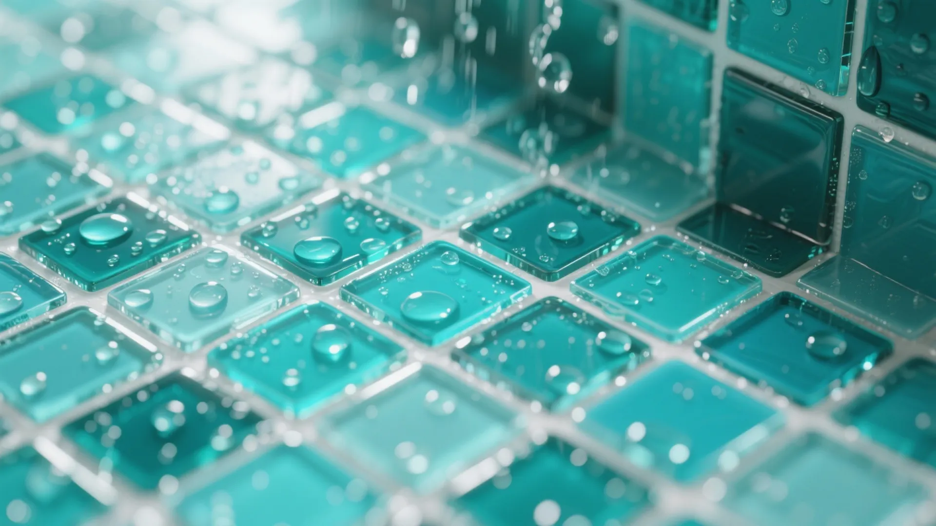 Close up view of blue and green square glass wall tiles with fresh water drops on