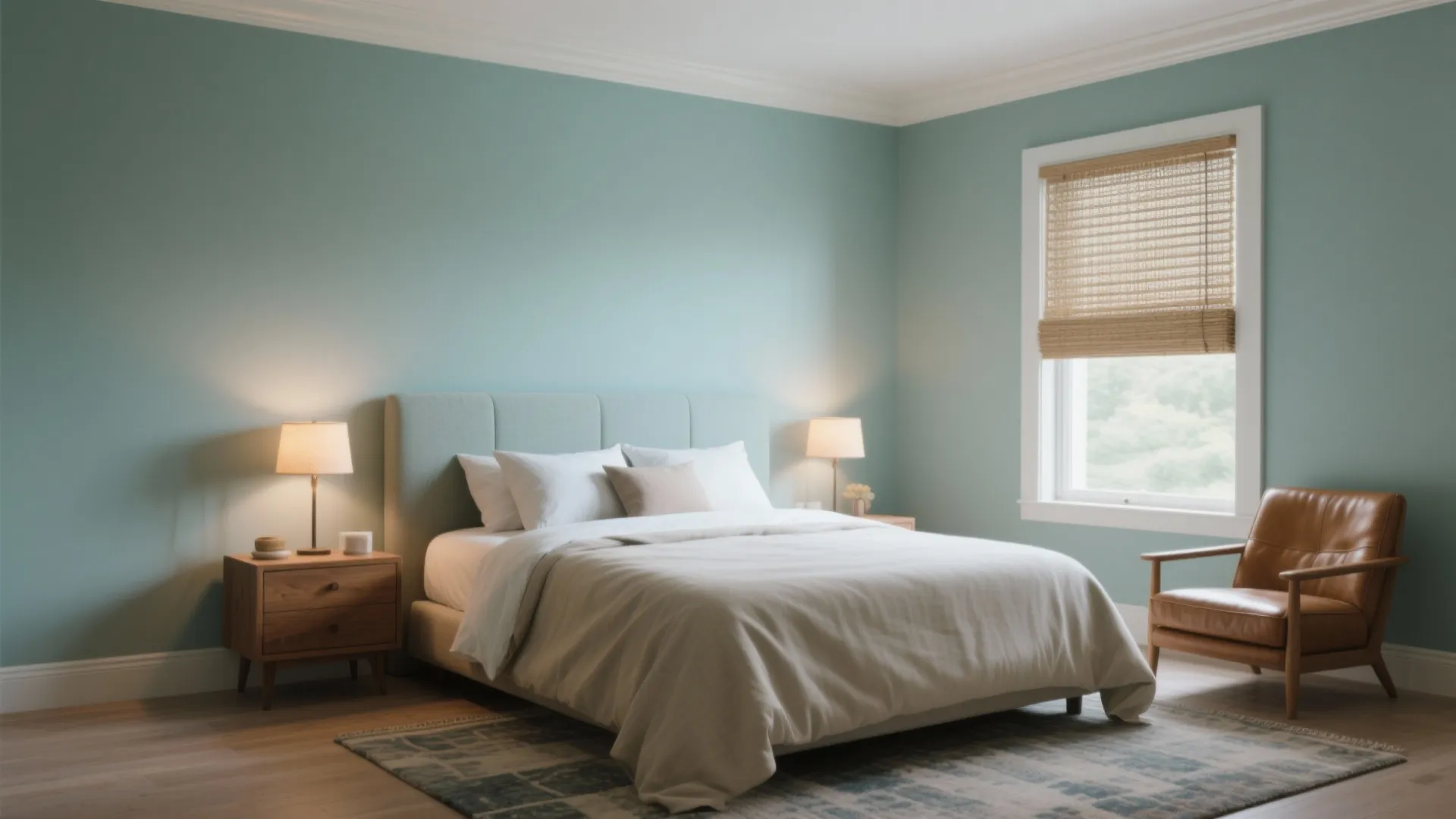 Modern bedroom with blue walls wood nightstand white bedding brown leather chair and natural light window