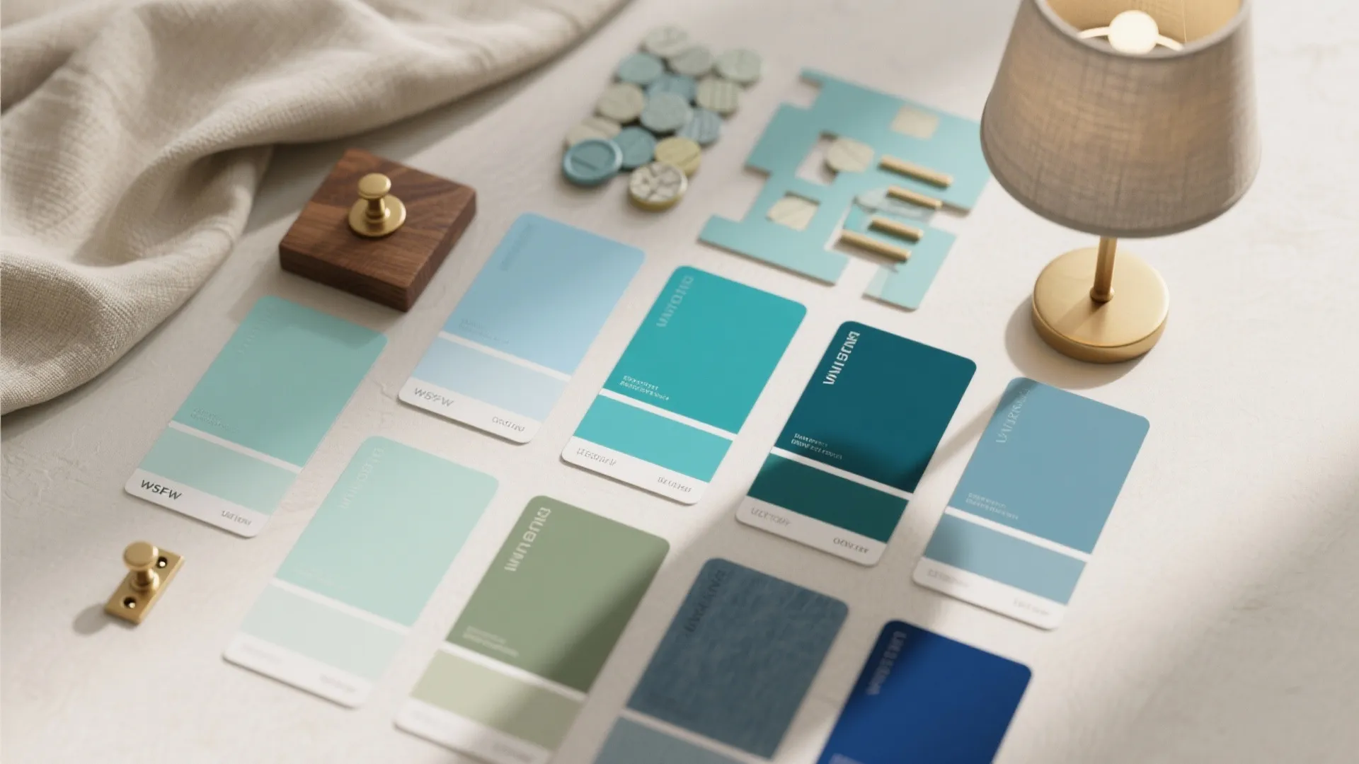 Flatlay of blue-green paint swatches, wood and brass samples, and linen fabric under soft daylight