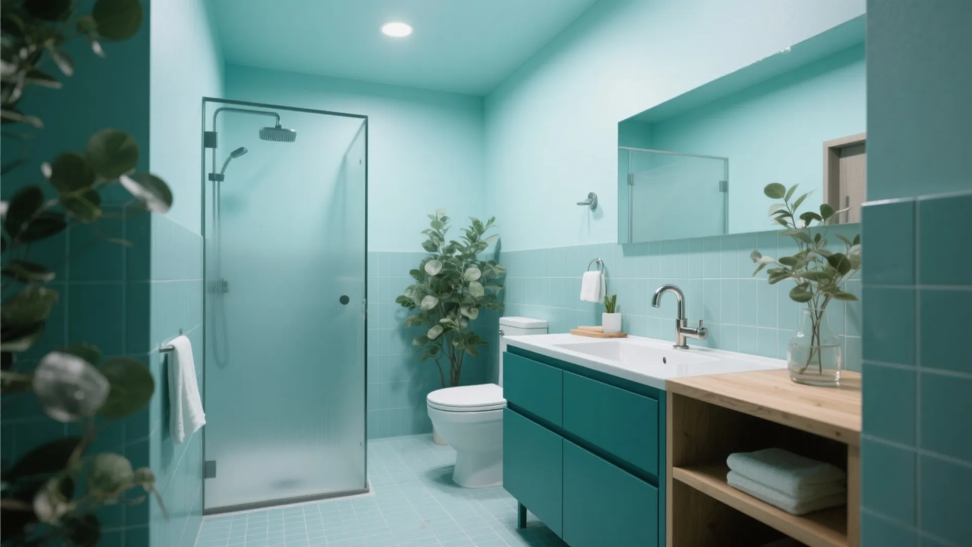 Monochrome blue-green small bathroom with eucalyptus walls, foggy teal vanity, and pale aqua ceiling.