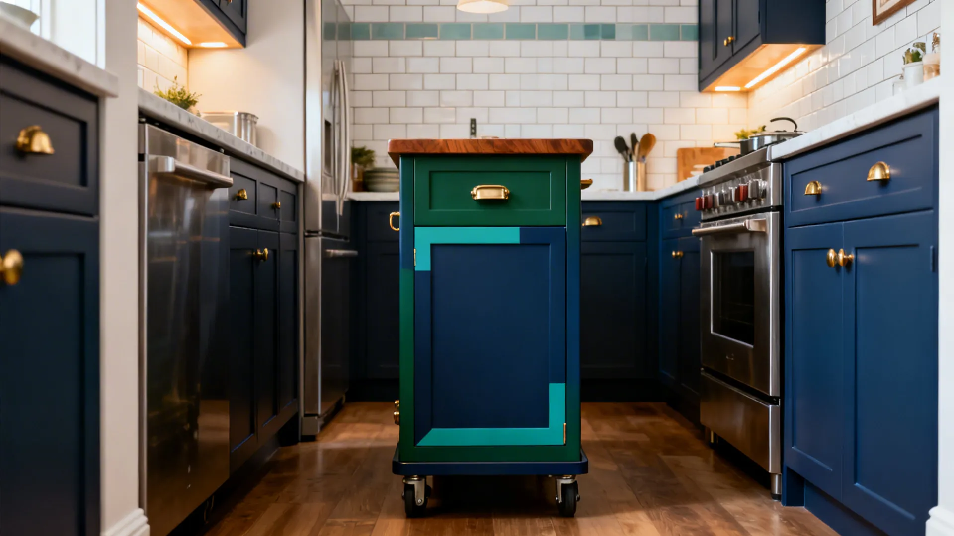 Narrow kitchen with a deep blue-green trolley, brass pulls, walnut top, and white tile backsplash.
