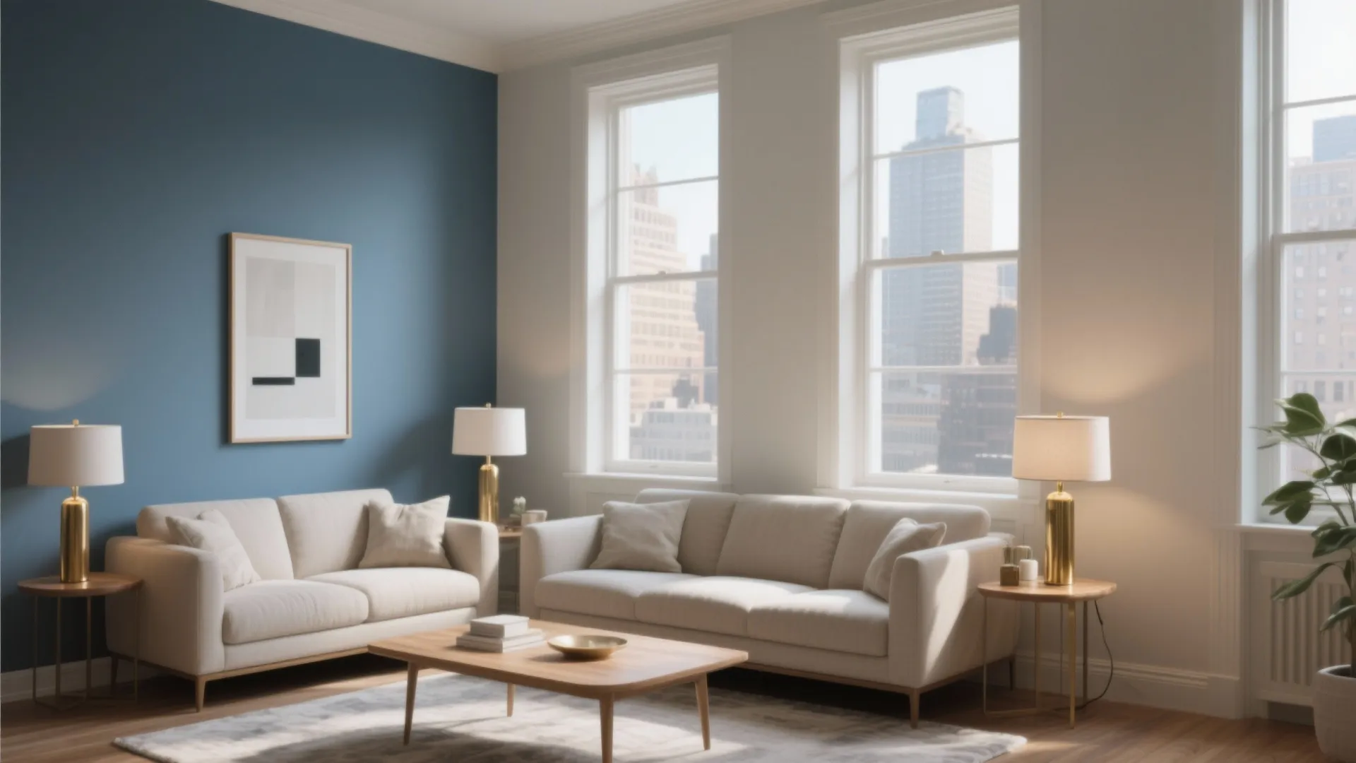 Living room with blue accent wall, cream sofas, wood coffee table, large windows, and lamps