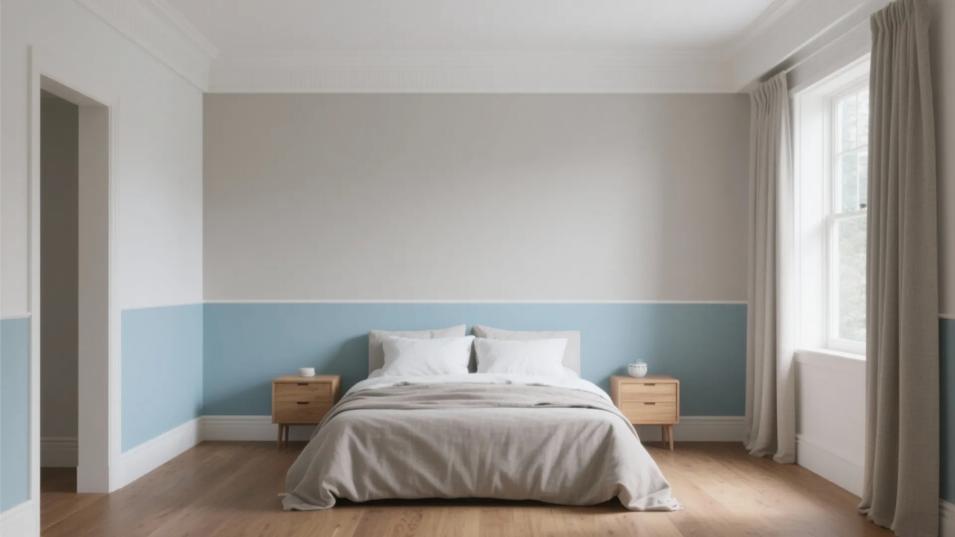 Minimalist bedroom featuring blue and grey wall paint with wooden cabinets and white bedding set