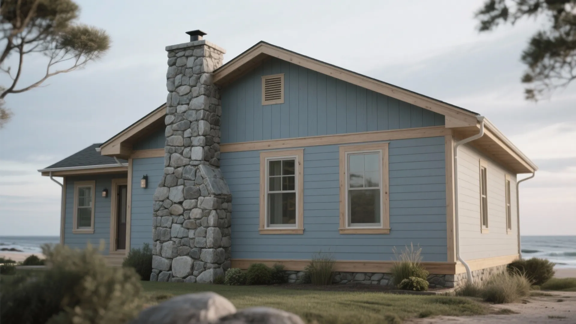 Blue coastal cottage with stone chimney and wood window frames located near the ocean shore