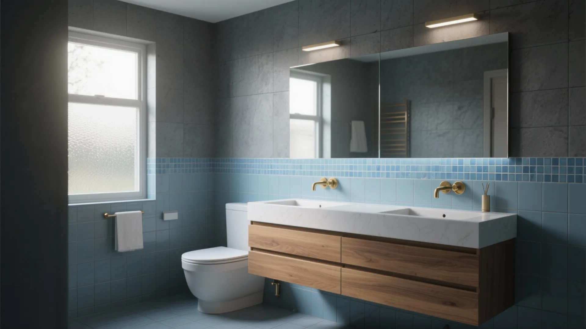 Modern bathroom with blue tiles wooden cabinet double sinks white toilet large mirror and sunlight