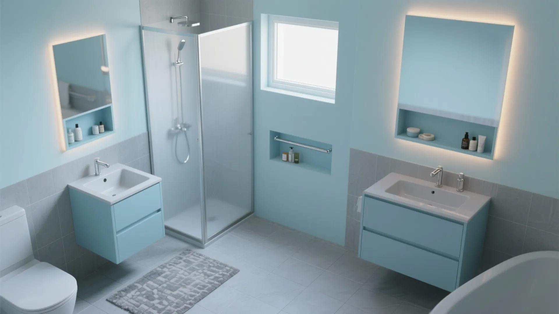 Spacious light blue bathroom with two cabinets shower glass door toilet and grey floor rug