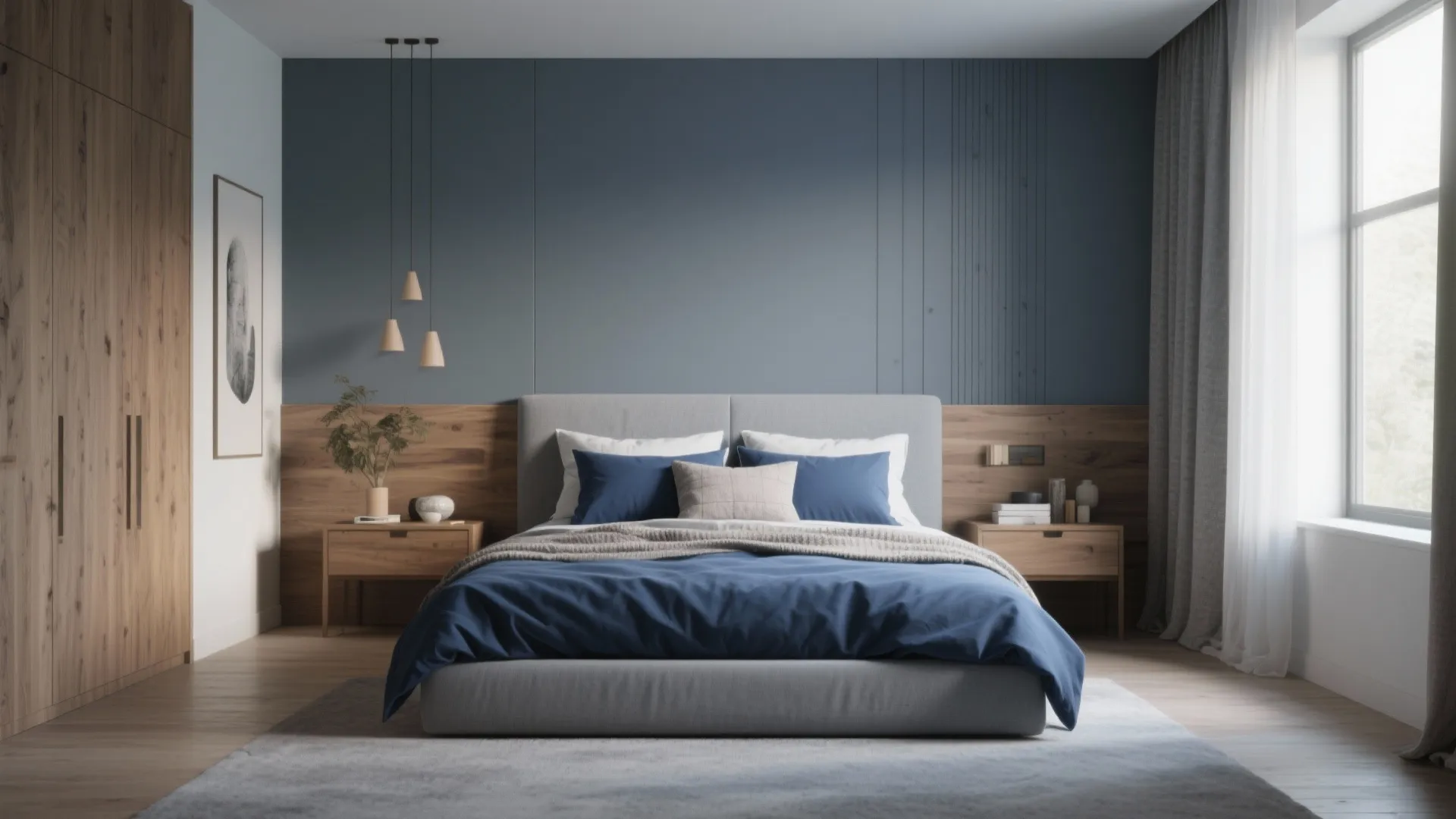 Master bedroom with blue bed wood wall panels large window grey curtains and wood wardrobe