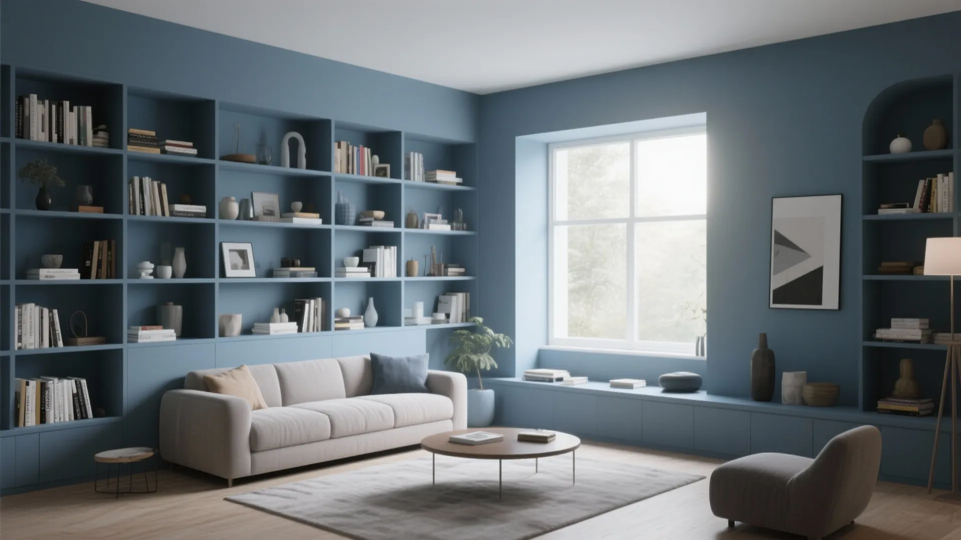 9. Blue-Grey Built-In Shelving