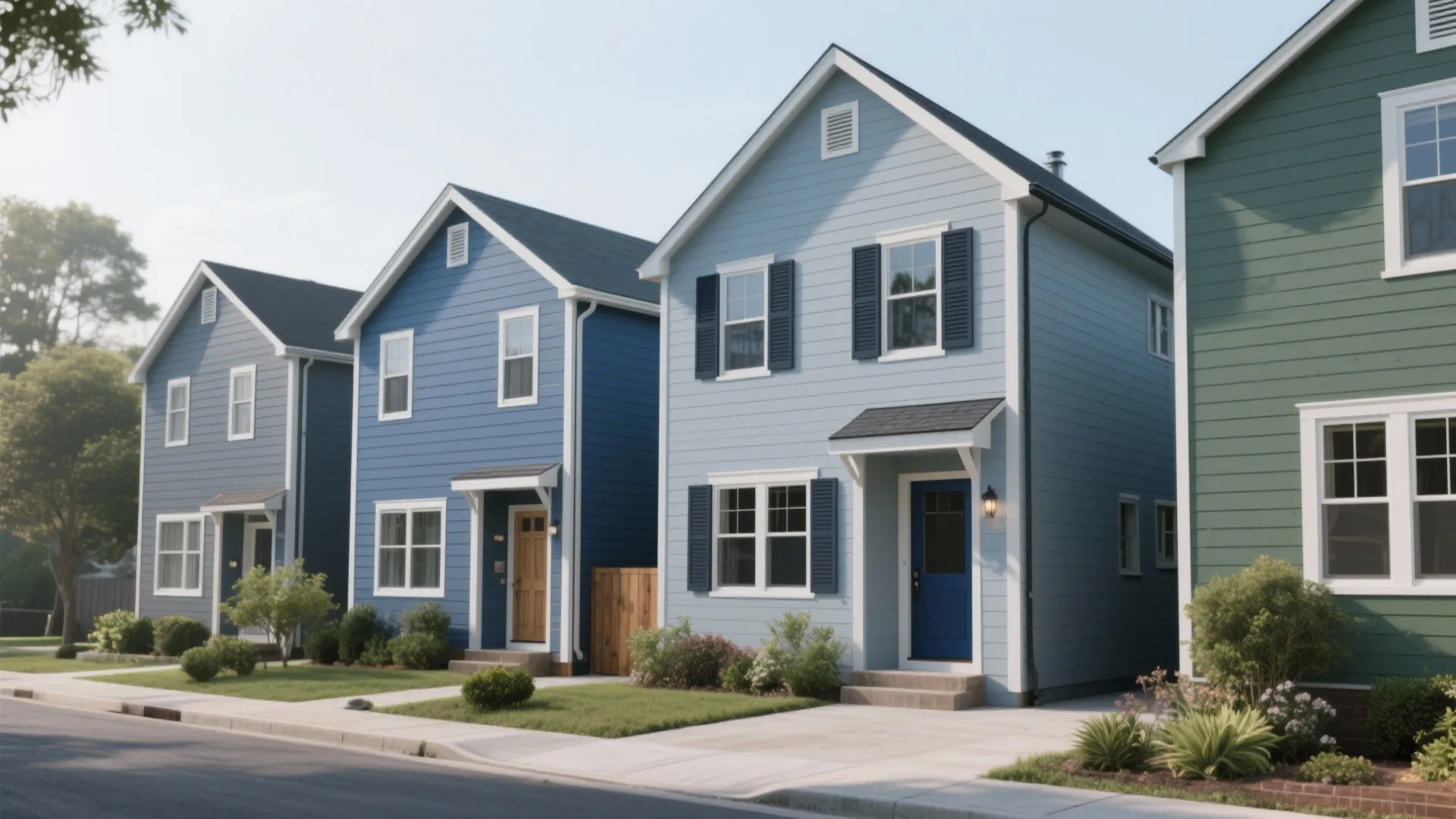 Row of colorful modern houses with blue and green walls along a quiet street sidewalk