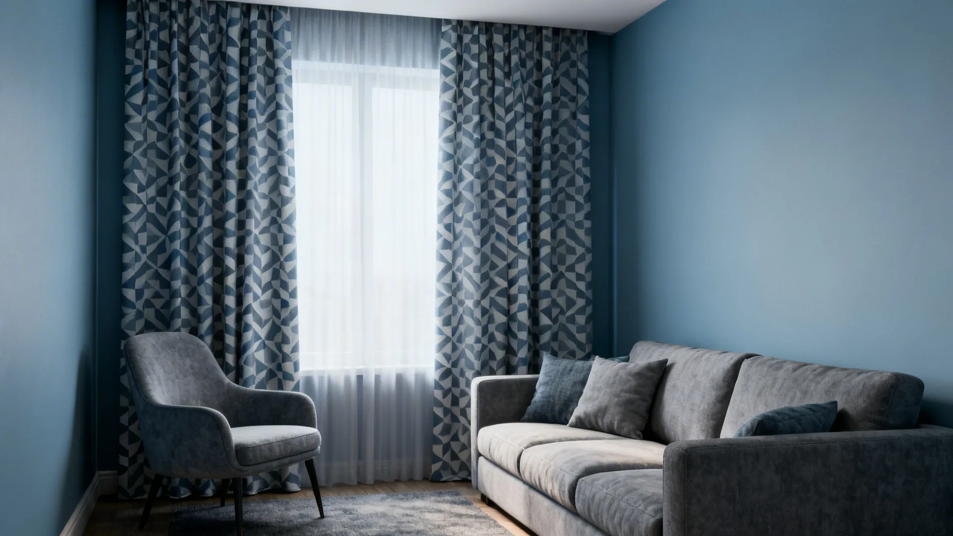 Small living room with mid-scale blue and grey geometric patterned curtains and neutral furnishings