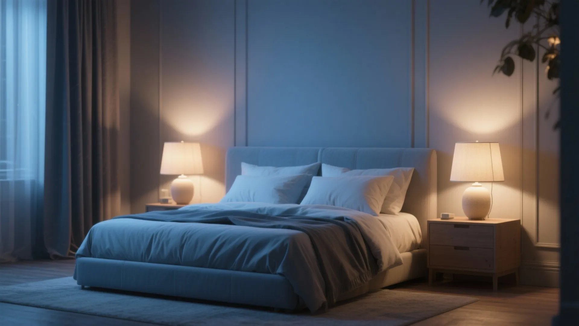 Cozy bedroom with blue bedding, two warm table lamps, wooden bedside tables, and dark curtains