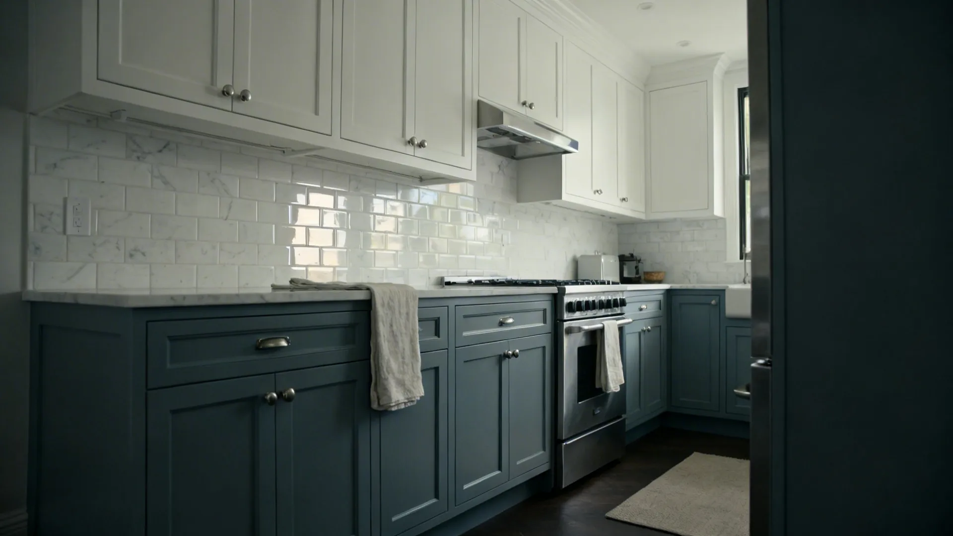 Two-tone kitchen with smoky blue-grey lowers, white uppers, and brushed nickel details.