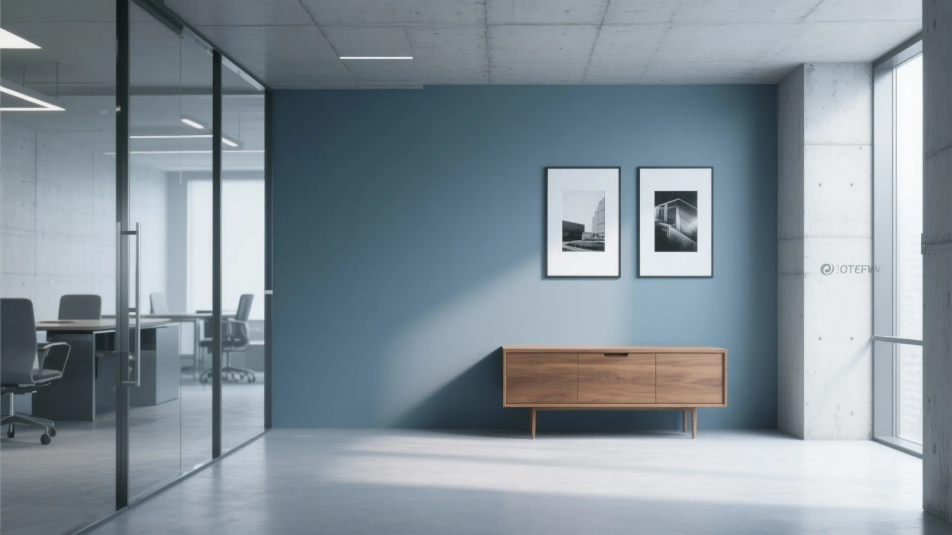Modern office interior with blue wall wooden cabinet two framed pictures and glass door view