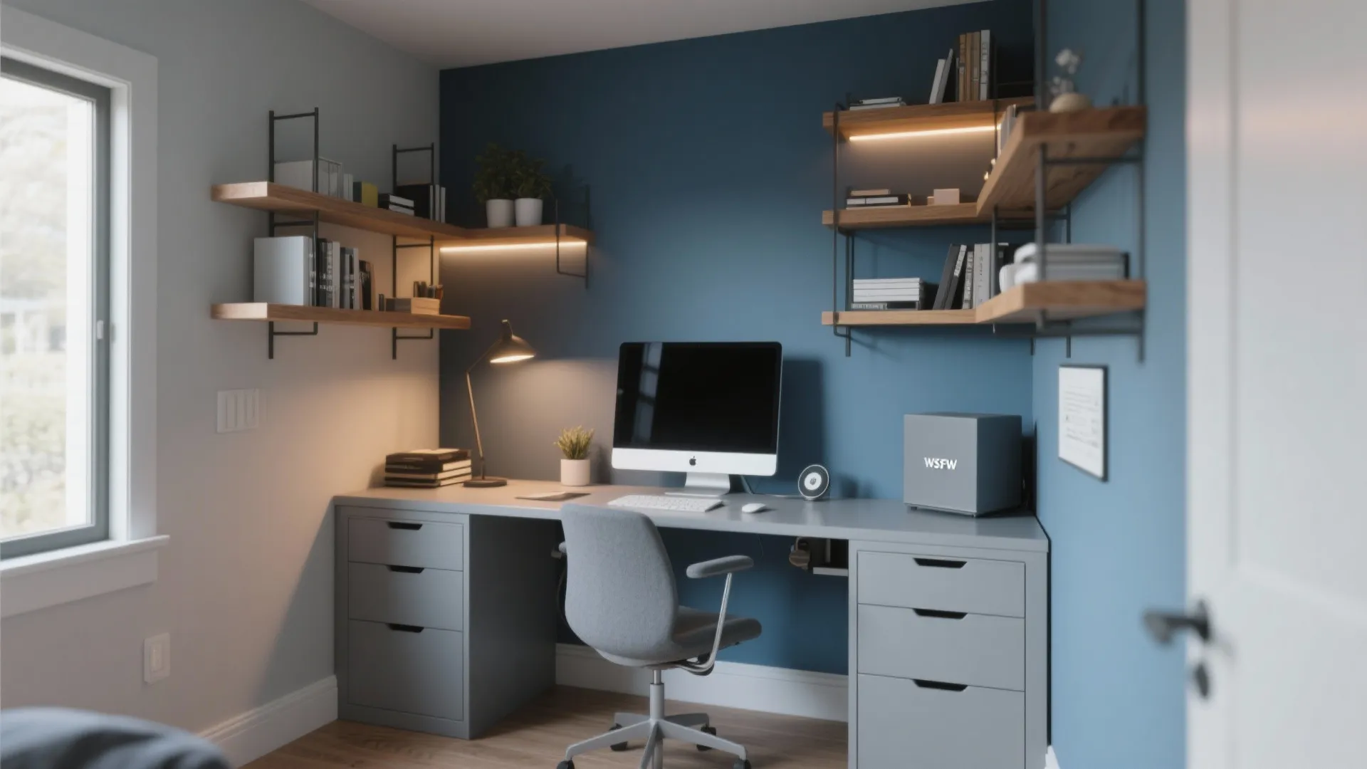 Home office with blue wall, grey desk, computer, swivel chair, wooden wall shelves, and desk lamp