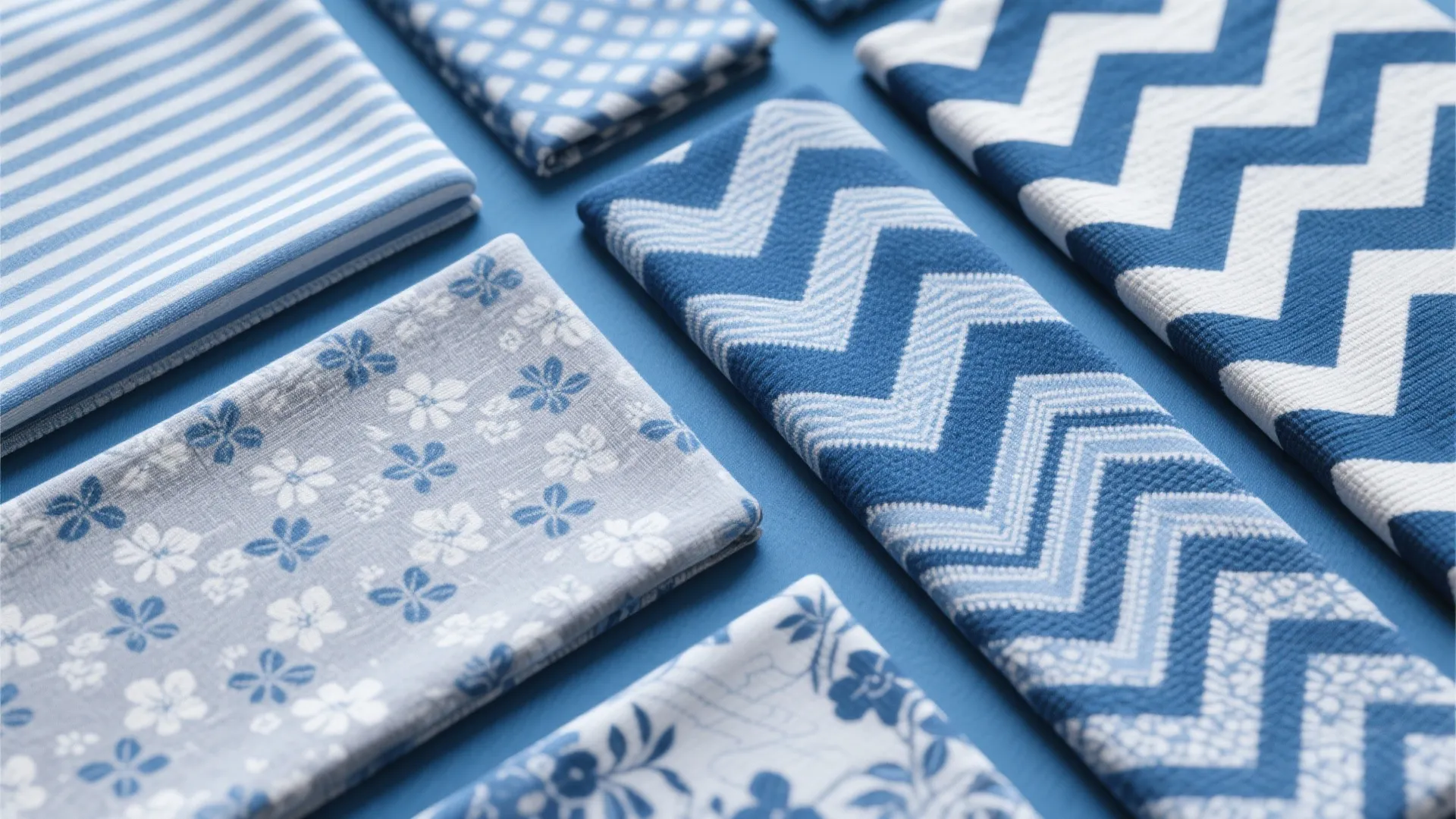 Blue and white fabric samples with various patterns including stripes flowers and zig zag lines