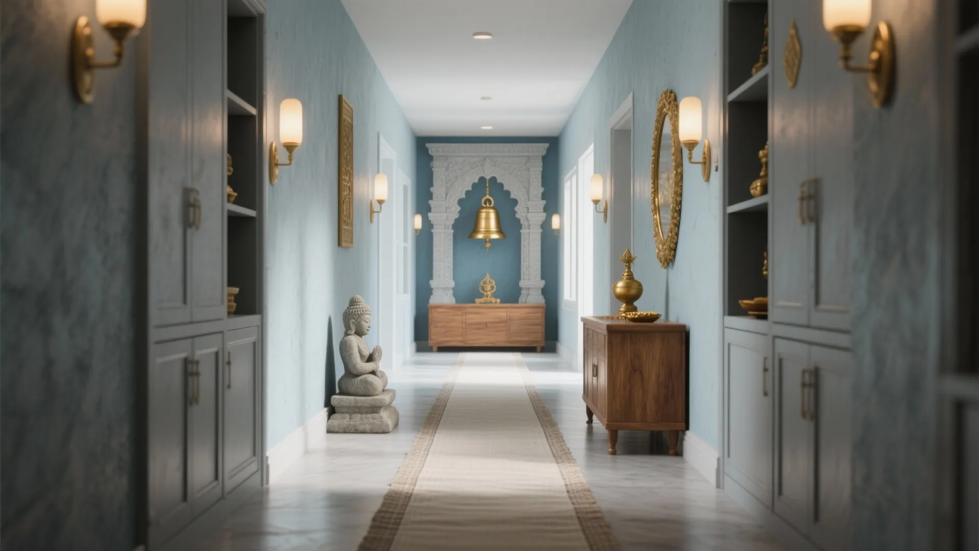 Blue hallway with Buddha statue, wooden cabinet, wall light, and decorative golden bell at end