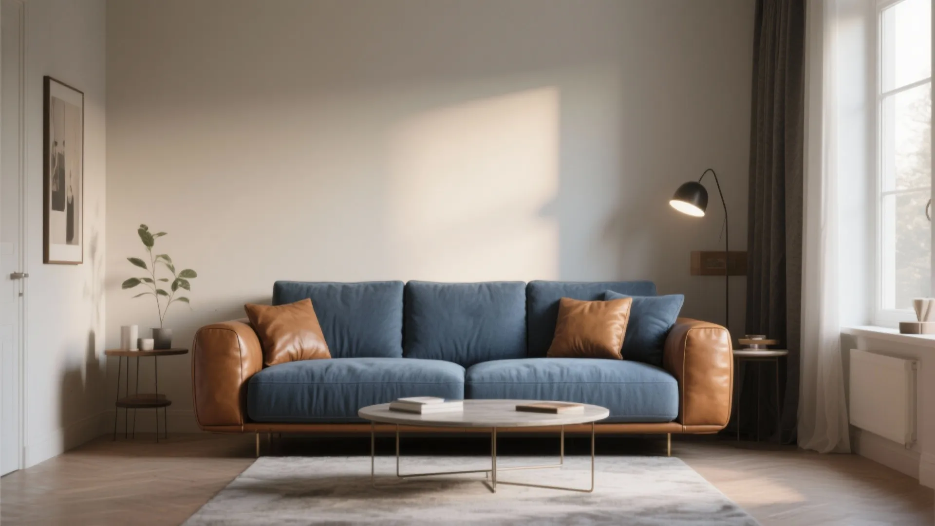 Comfortable blue sofa with brown leather armrests round coffee table floor lamp and minimalist wall decor