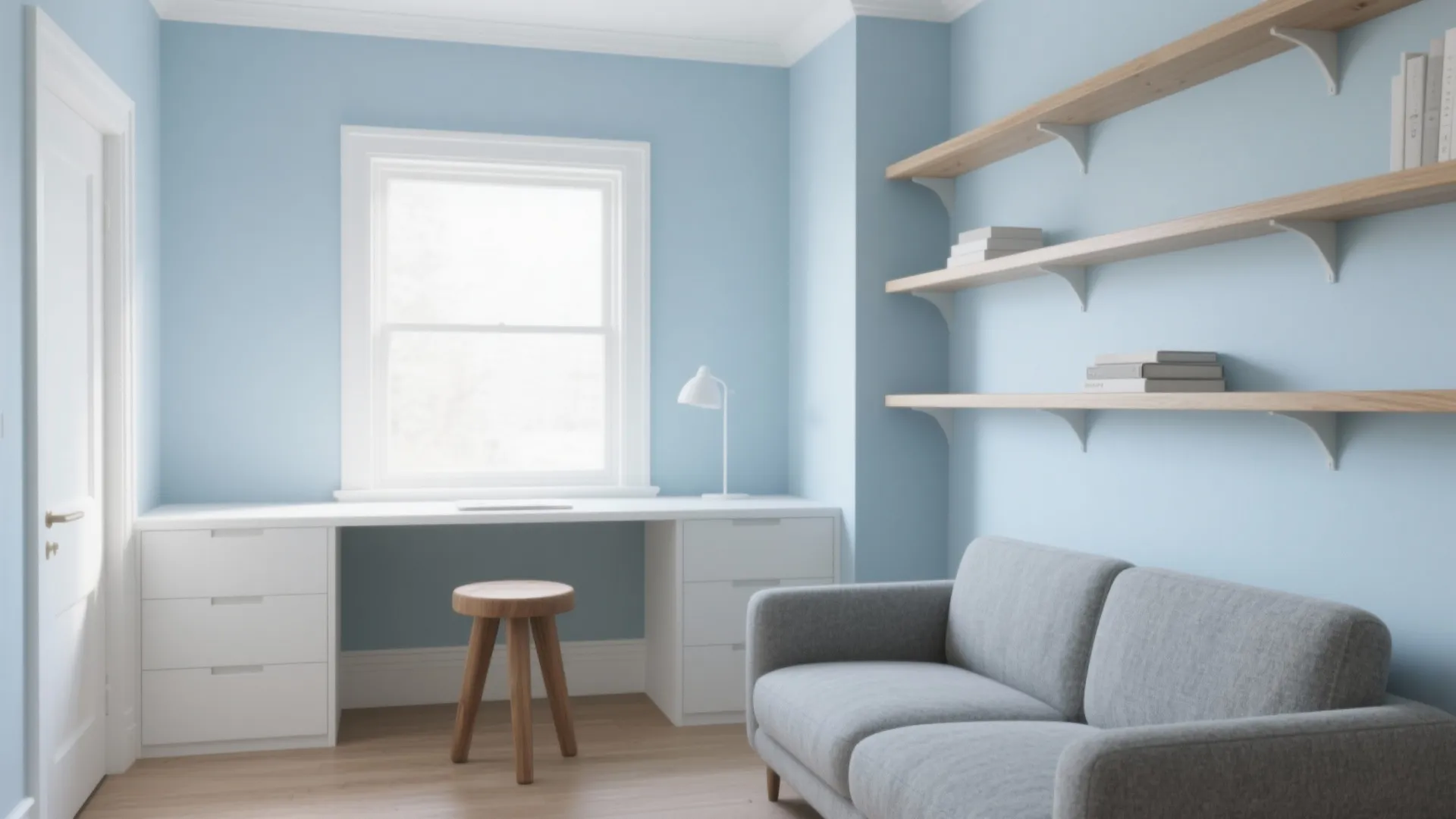 Bright blue room featuring white desk, grey sofa, wooden stool, and floating wooden wall shelves